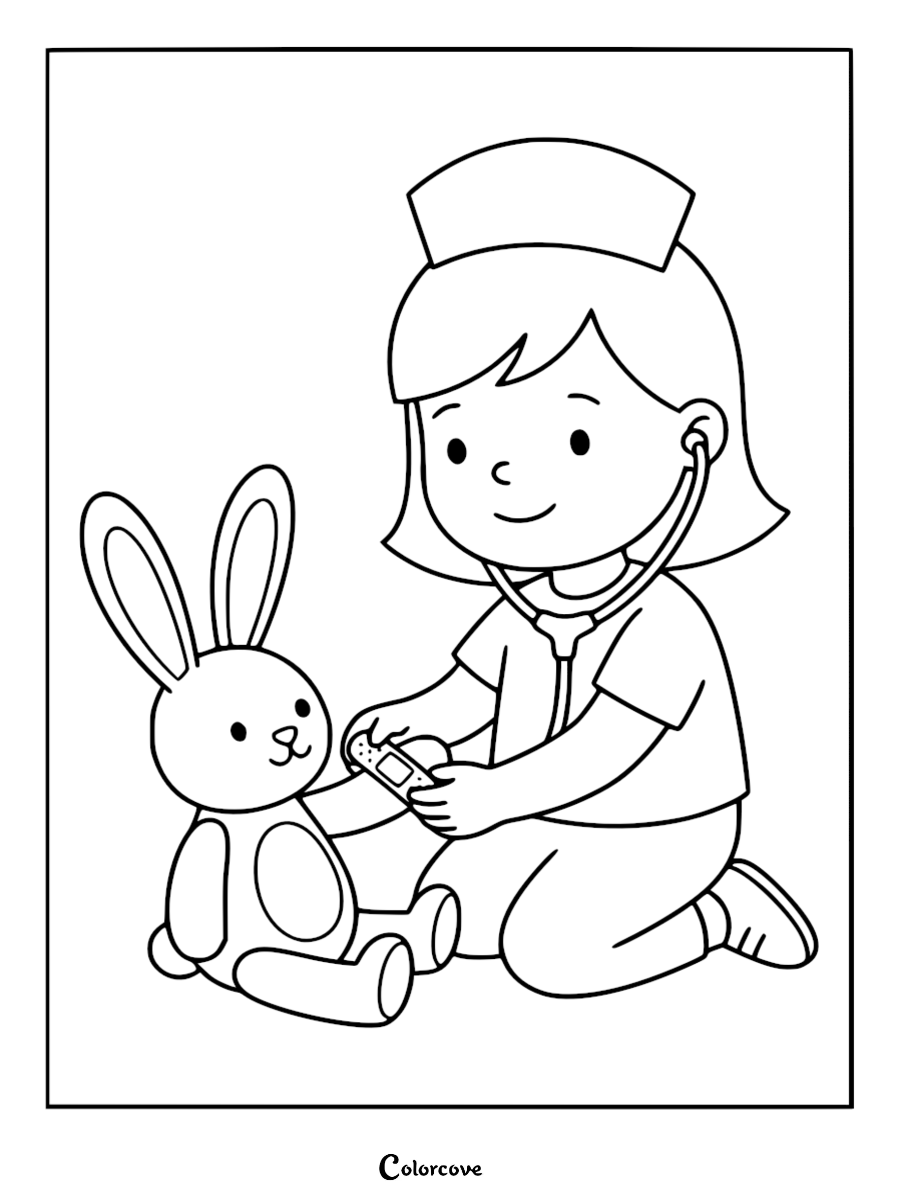A printable coloring page featuring a cute girl doctor wearing a head mirror and stethoscope while applying a bandage to a stuffed rabbit toy.