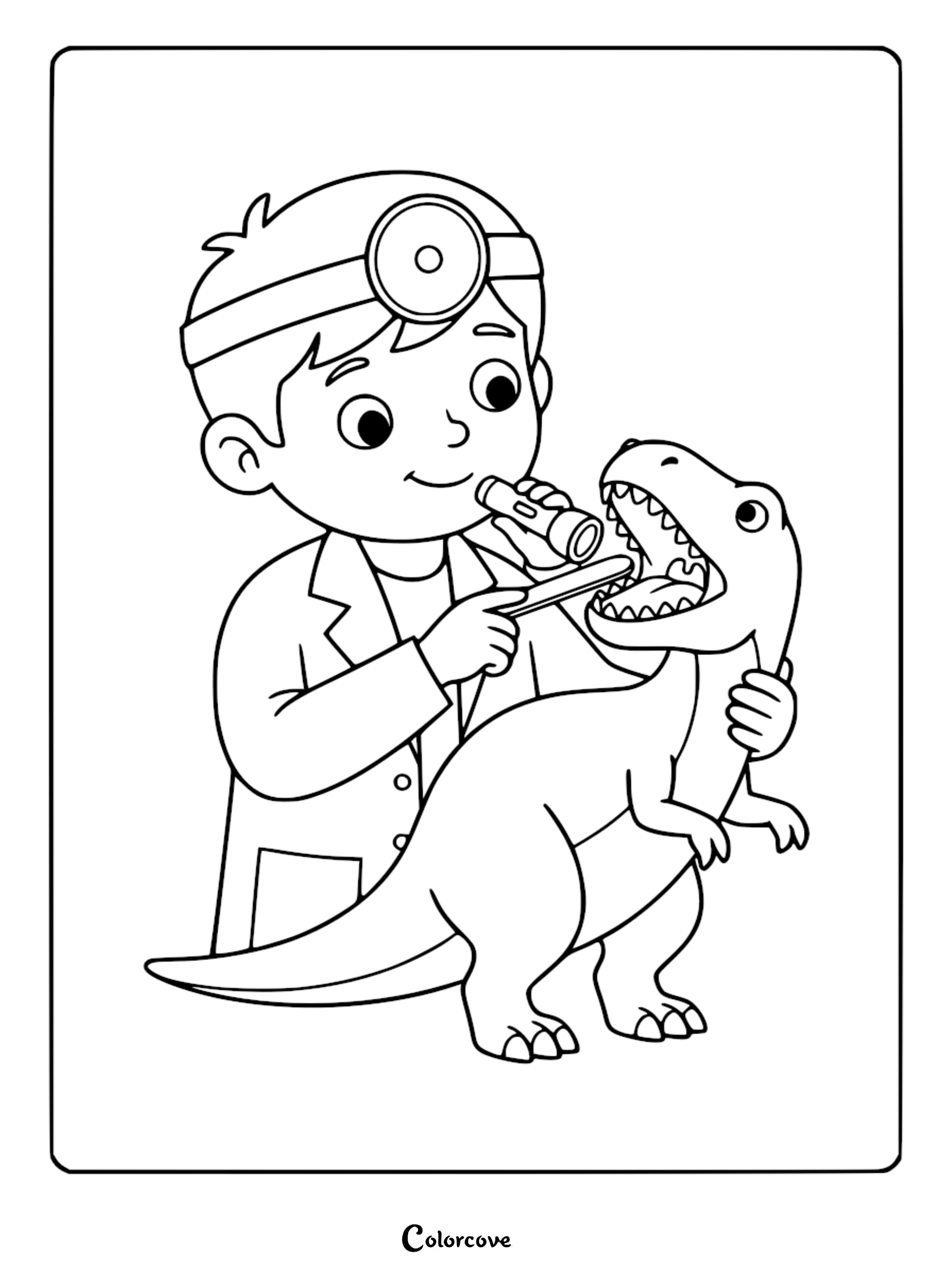 A cute doctor wearing a head mirror and lab coat examining a dinosaur's mouth with a flashlight in this printable coloring page.