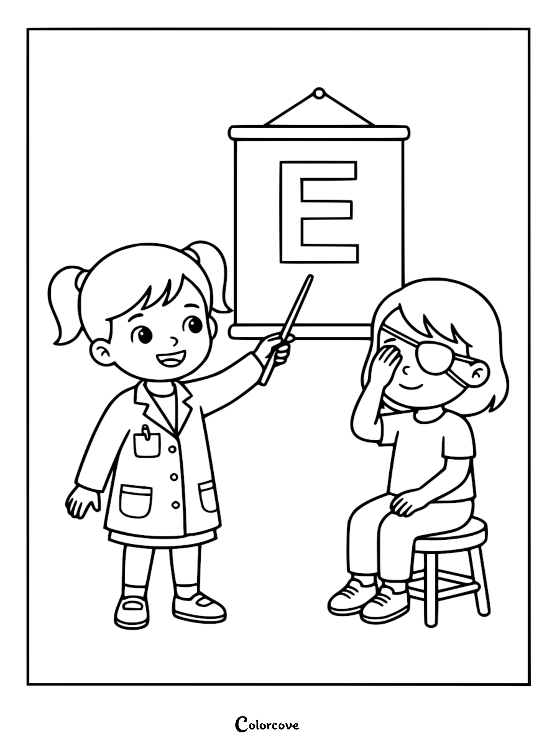 A cute doctor girl with pigtails pointing at a large letter E eye chart while her patient covers one eye with an eyepatch in this printable coloring page.