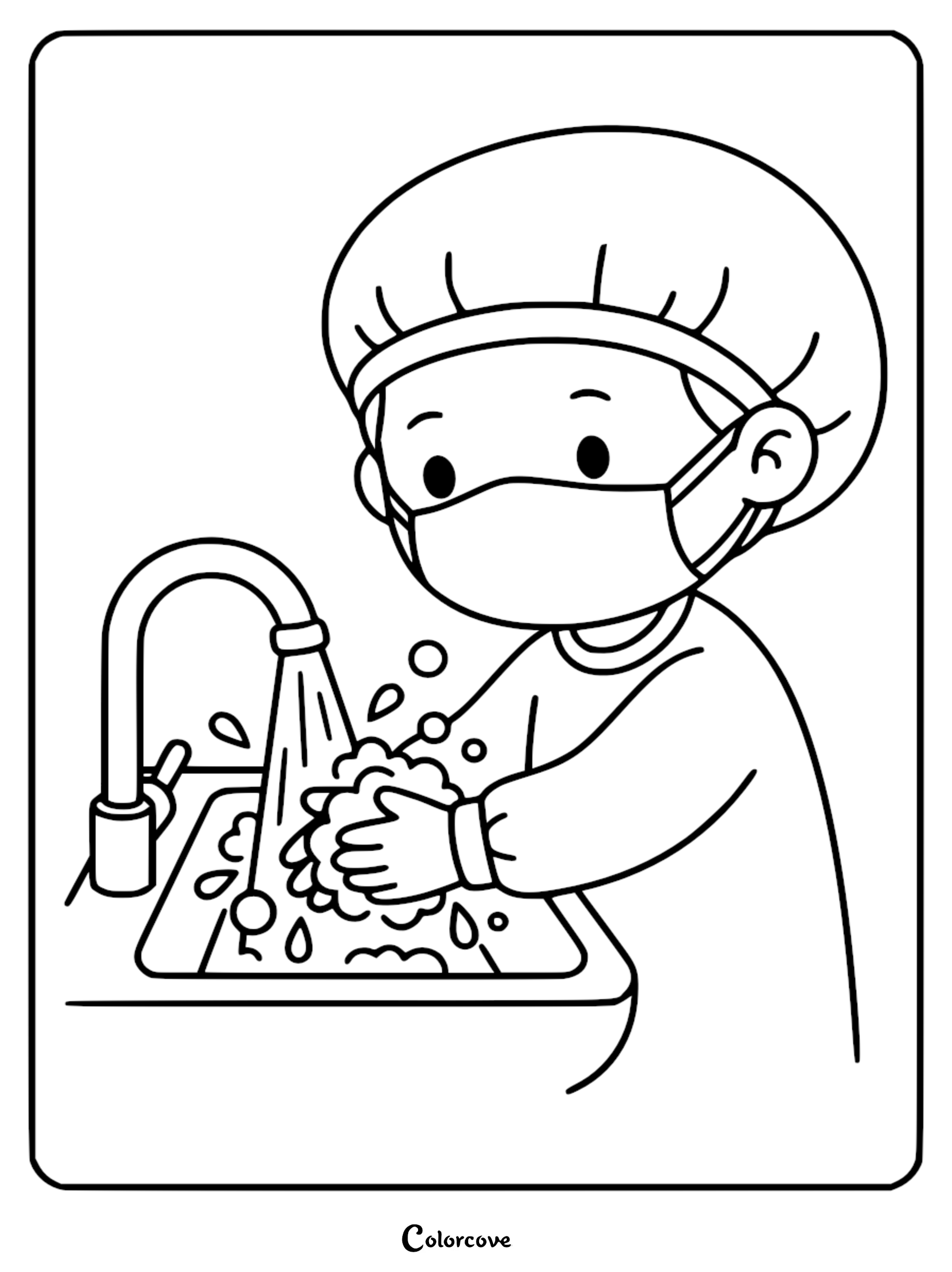 A cute doctor wearing a surgical cap and mask scrubbing hands under a running sink faucet in this black and white printable coloring page.