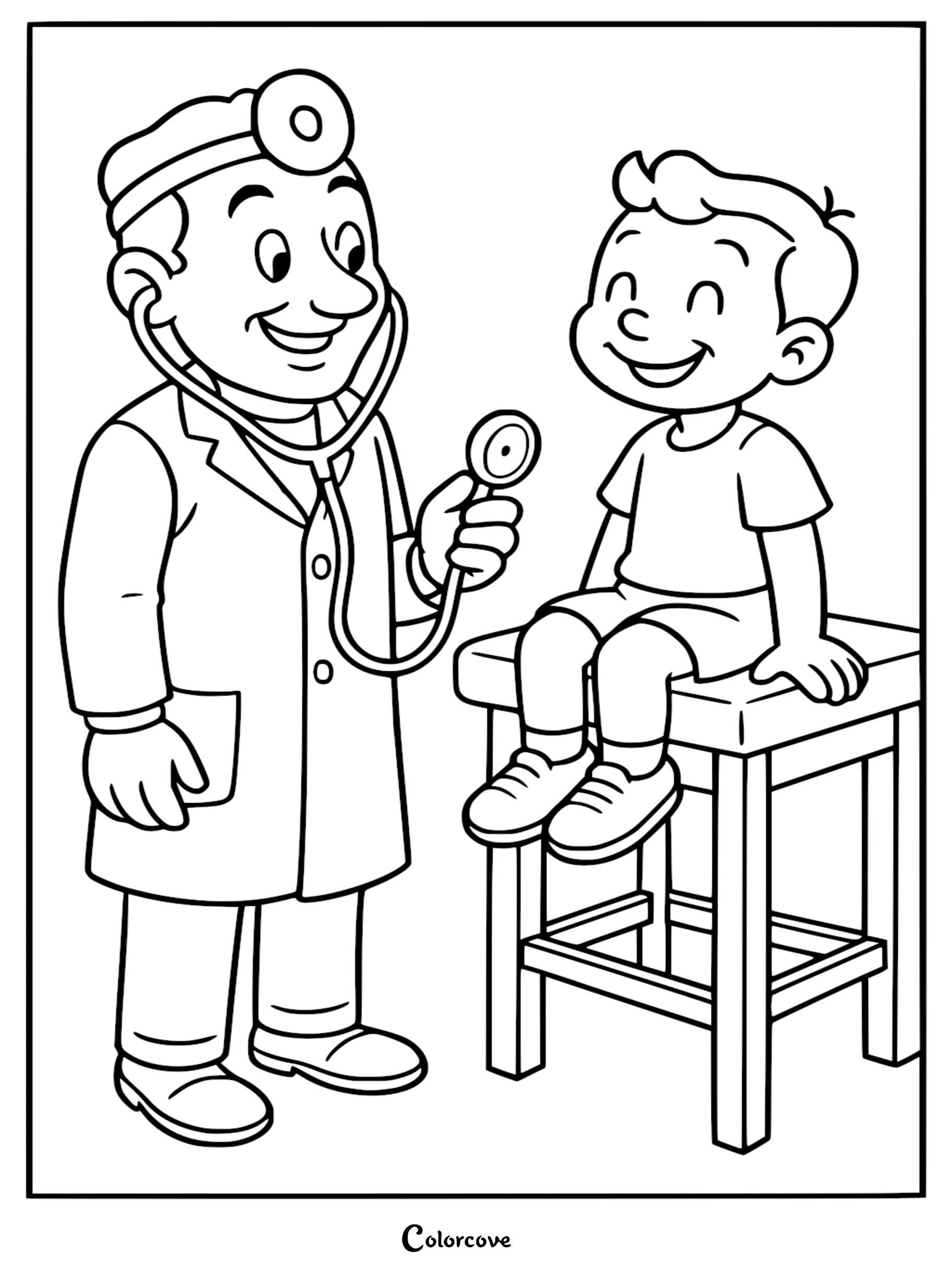 A friendly male doctor wearing a head mirror and stethoscope examining a happy young boy sitting on an exam stool, coloring page style line art.