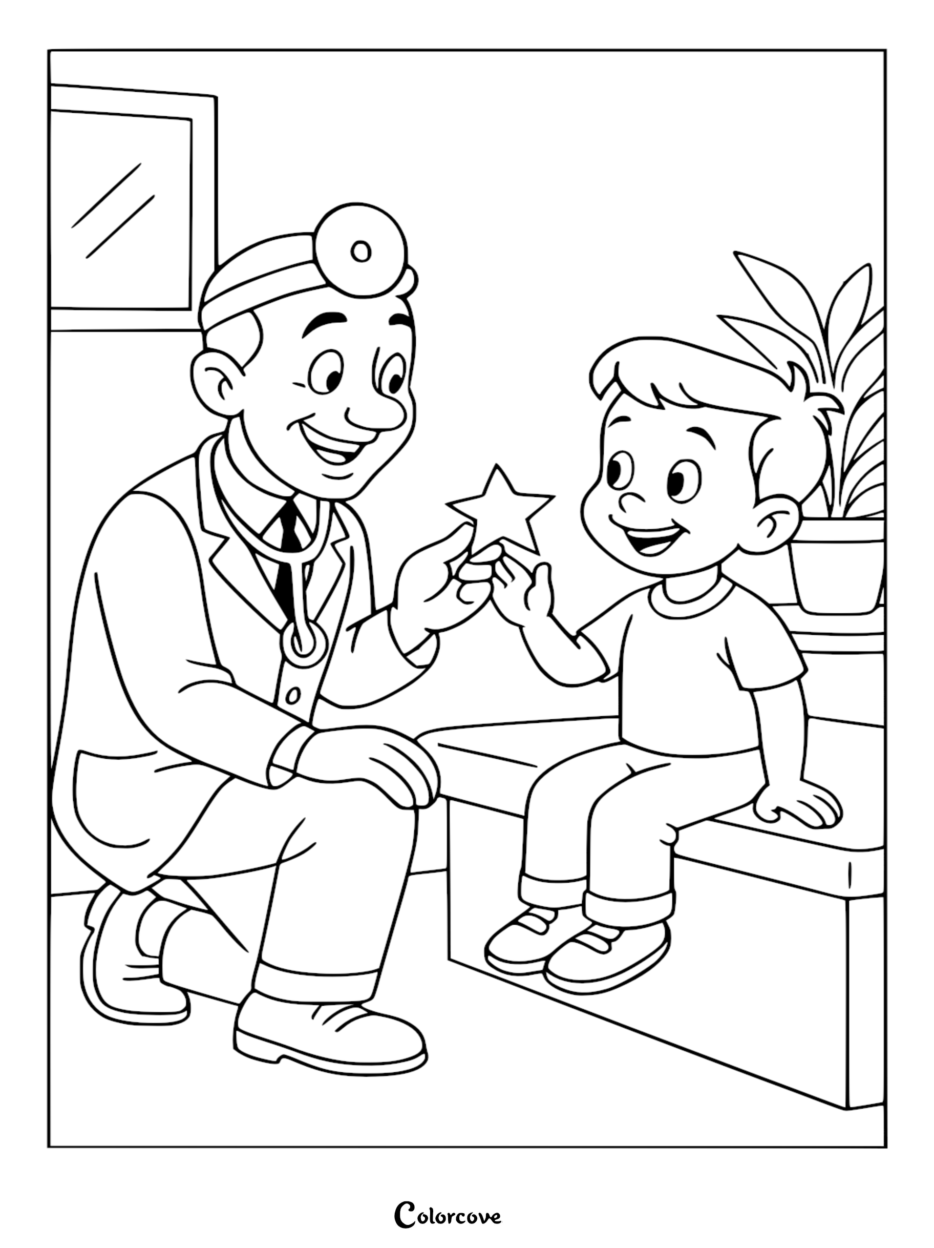 A friendly male doctor wearing a head mirror and lab coat hands a star sticker to a happy young boy sitting on an exam table in this line art coloring page.