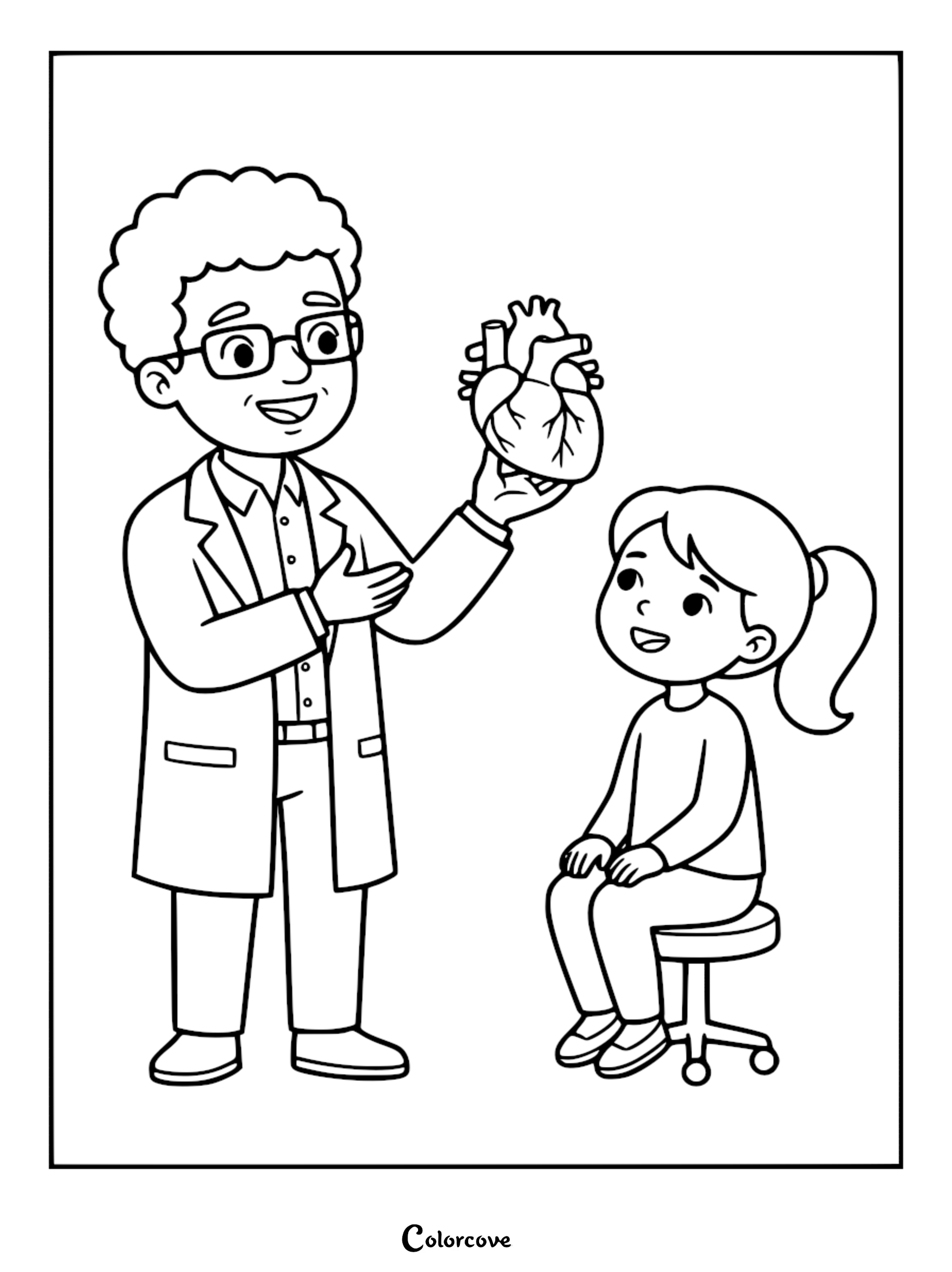 A friendly male doctor wearing glasses holding an anatomical heart model to show a young girl sitting on a stool in this cute doctor coloring page.