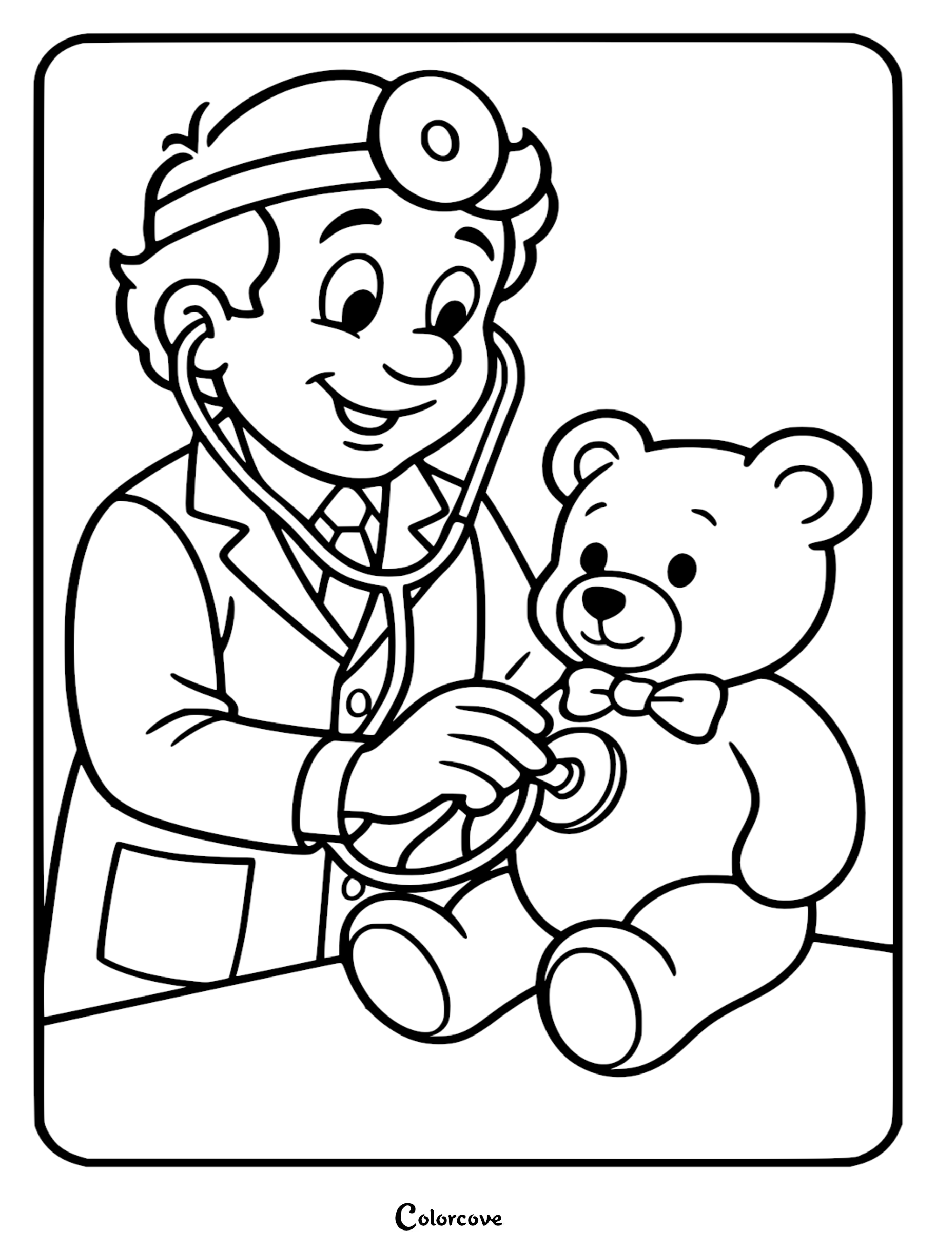 A friendly male doctor wearing a white coat and head mirror uses a stethoscope to examine a cute teddy bear wearing a bow tie in this printable coloring page.