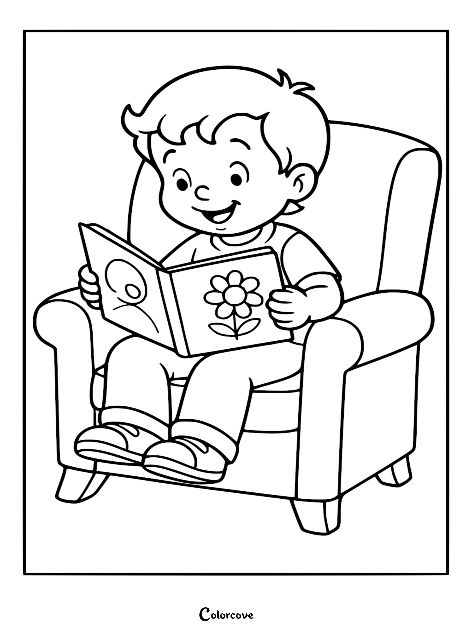 A cute doctor character sitting in an armchair while reading a book with a flower illustration, black and white coloring page.