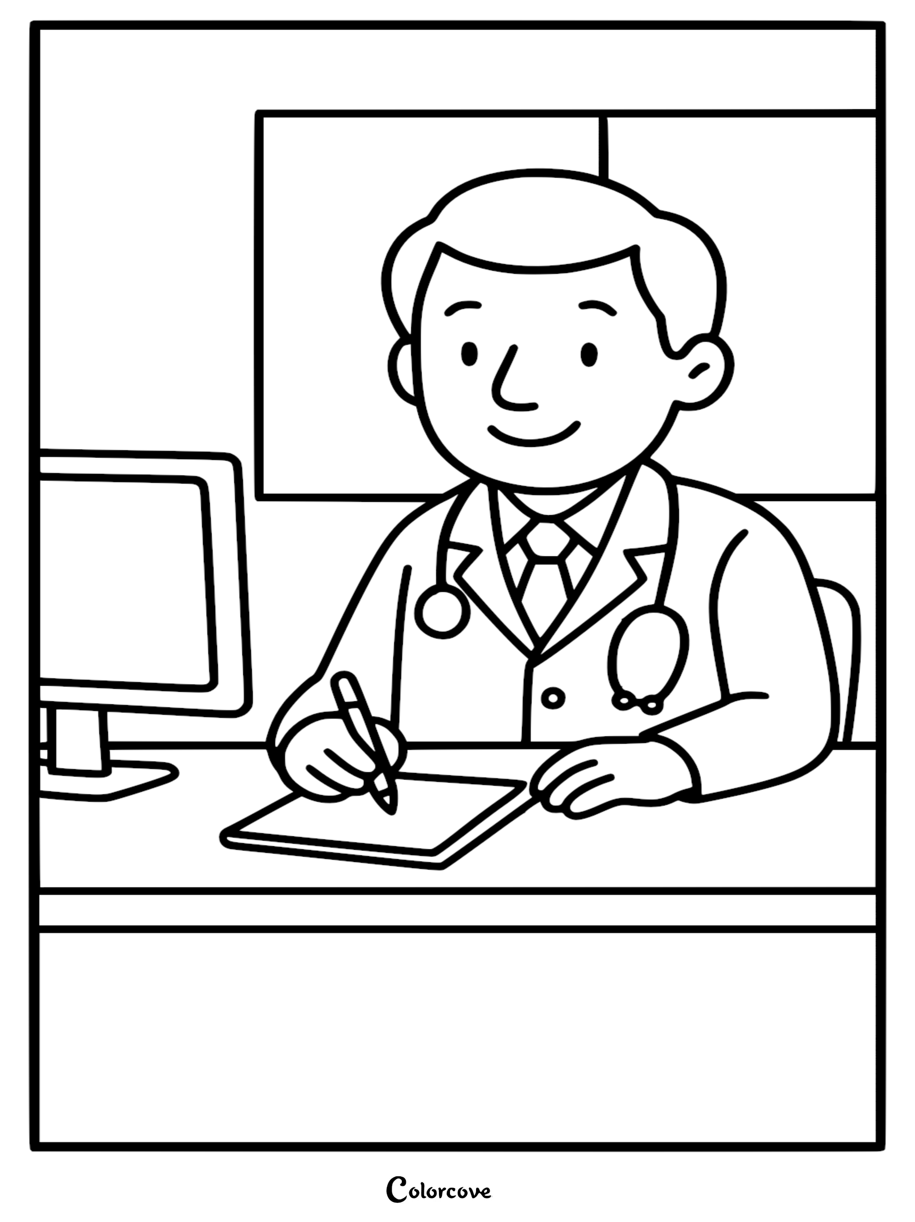 A friendly male doctor wearing a white coat and stethoscope writing on a notepad at his clinic desk coloring page.