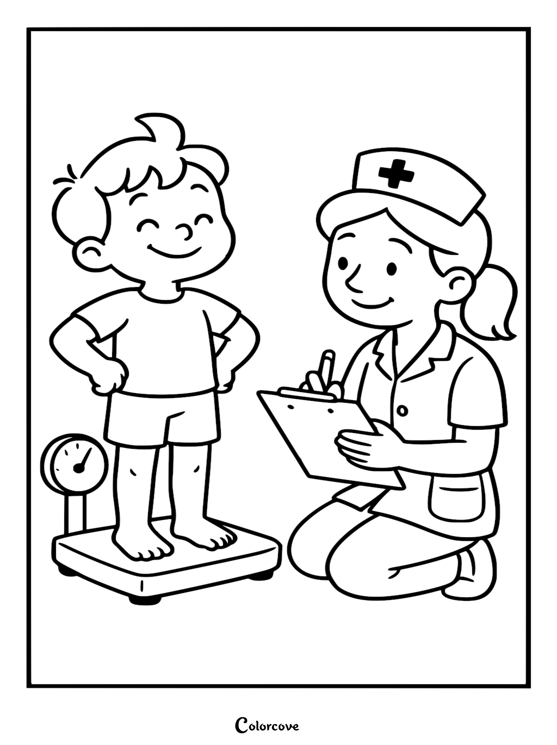 A smiling cute doctor kneeling while writing on a clipboard as a young boy stands on a medical scale in this printable coloring page.