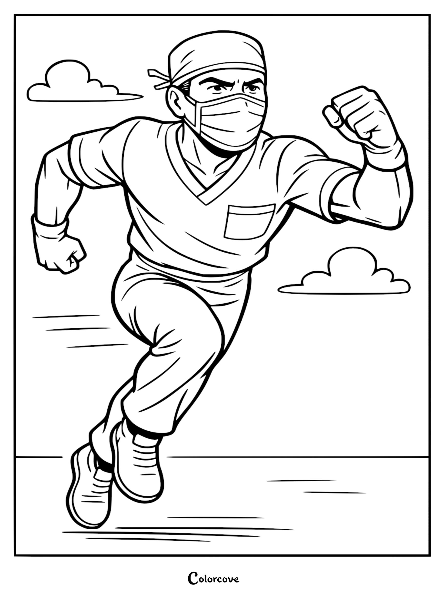 A heroic male doctor wearing scrubs, a surgical cap, and a mask running with intensity in this black and white coloring page.