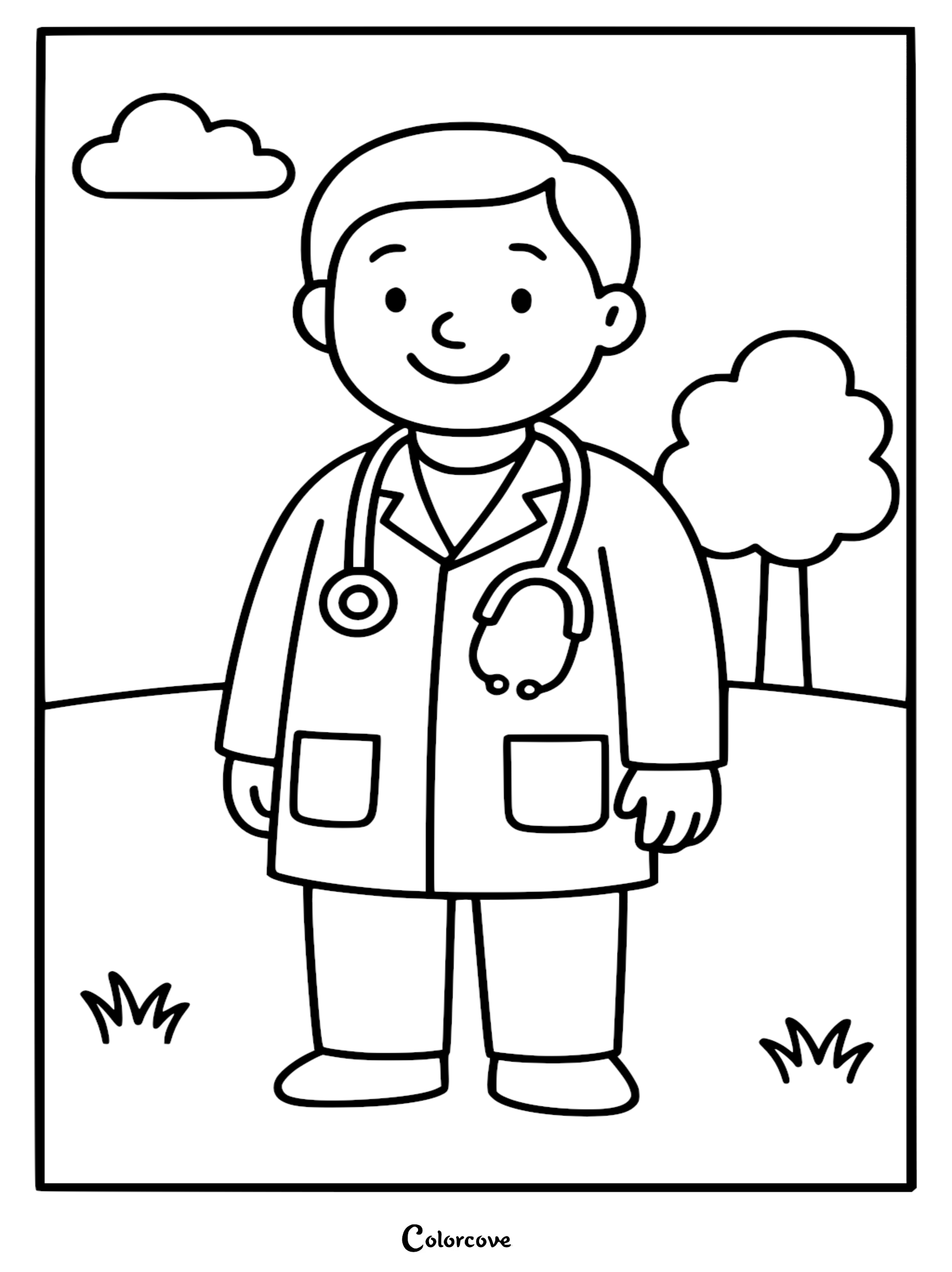 Friendly male doctor wearing a white coat and stethoscope, illustrated as a printable coloring page in a park setting with a tree and cloud.