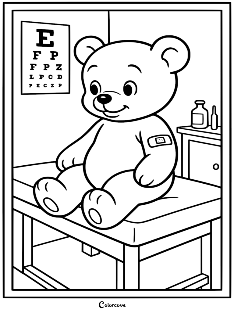 A cute teddy bear with a bandage on its arm sitting on an exam table in front of an eye chart, coloring page.