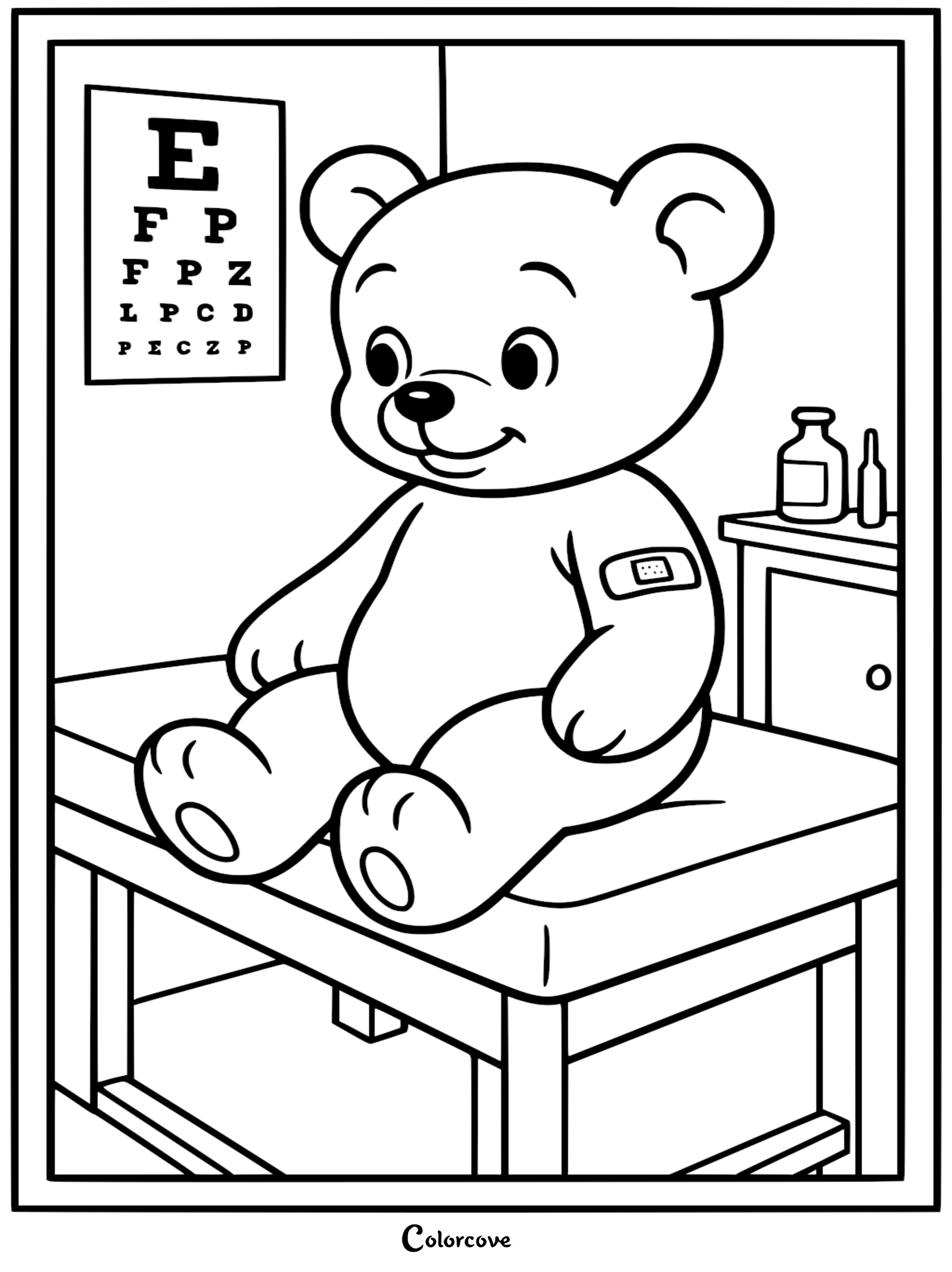 A cute teddy bear with a bandage on its arm sitting on an exam table in front of an eye chart, coloring page.