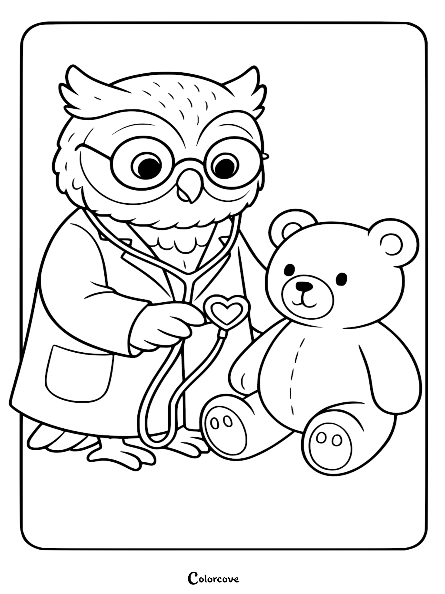 A cute owl doctor wearing glasses and a lab coat uses a heart-shaped stethoscope to examine a teddy bear in this printable coloring page.