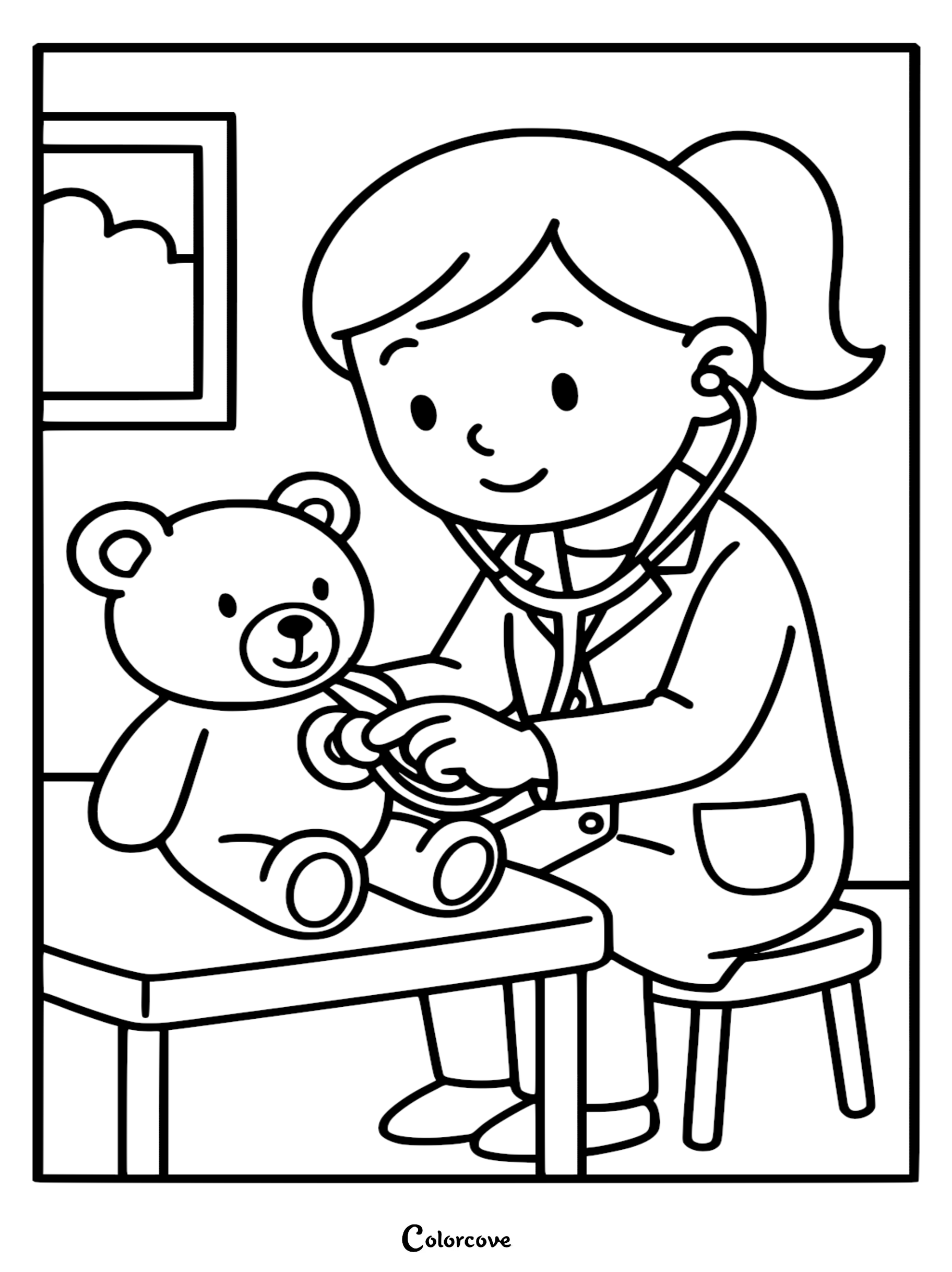 A friendly female doctor in a lab coat using a stethoscope on a teddy bear, outlined coloring page.