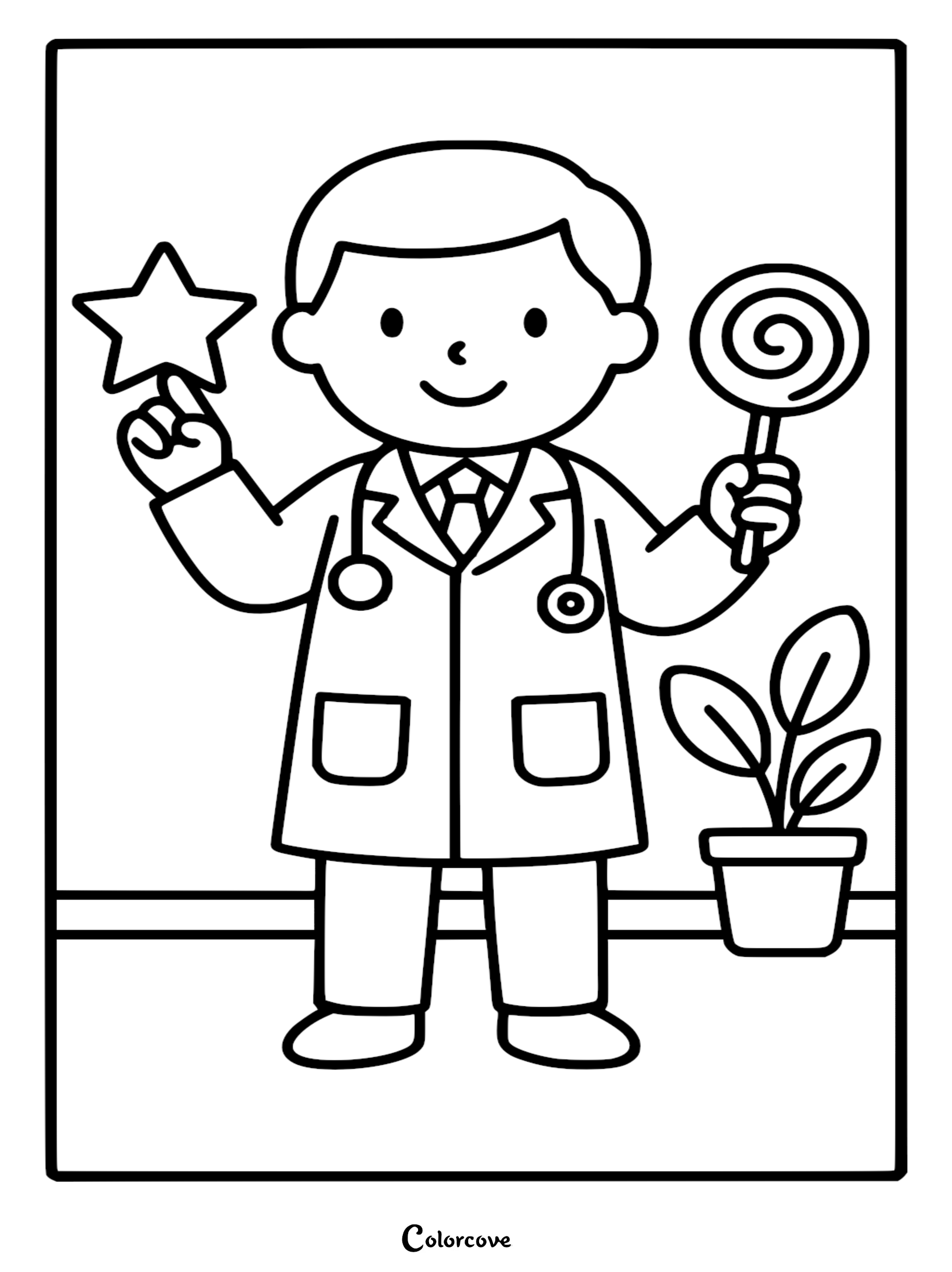 A cute doctor coloring page featuring a smiling medical professional with a stethoscope holding a star and a lollipop, next to a potted plant.