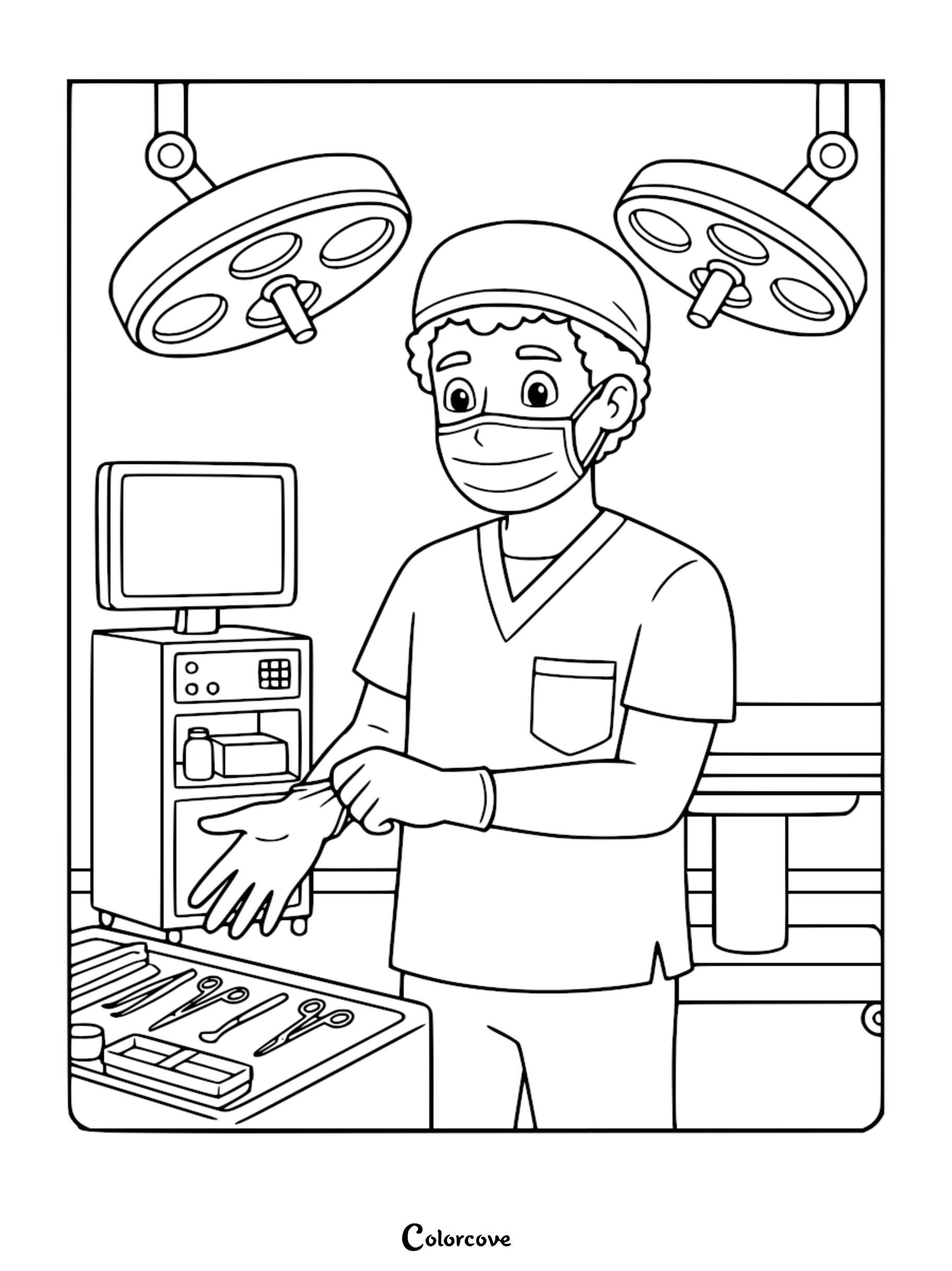 A cute doctor coloring page featuring a surgeon in scrubs and a mask putting on sterile gloves in an operating room with surgical lights and medical tools.