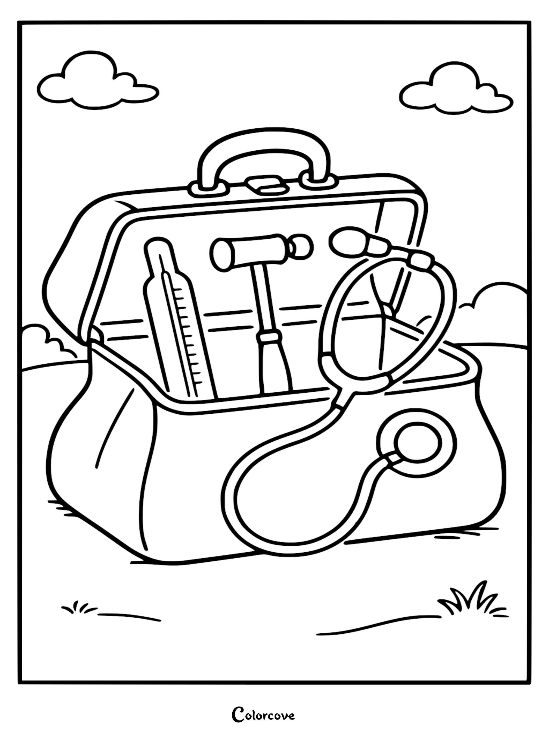 An open Cute Doctor medical bag containing a thermometer, reflex hammer, and stethoscope in an outdoor landscape coloring page.