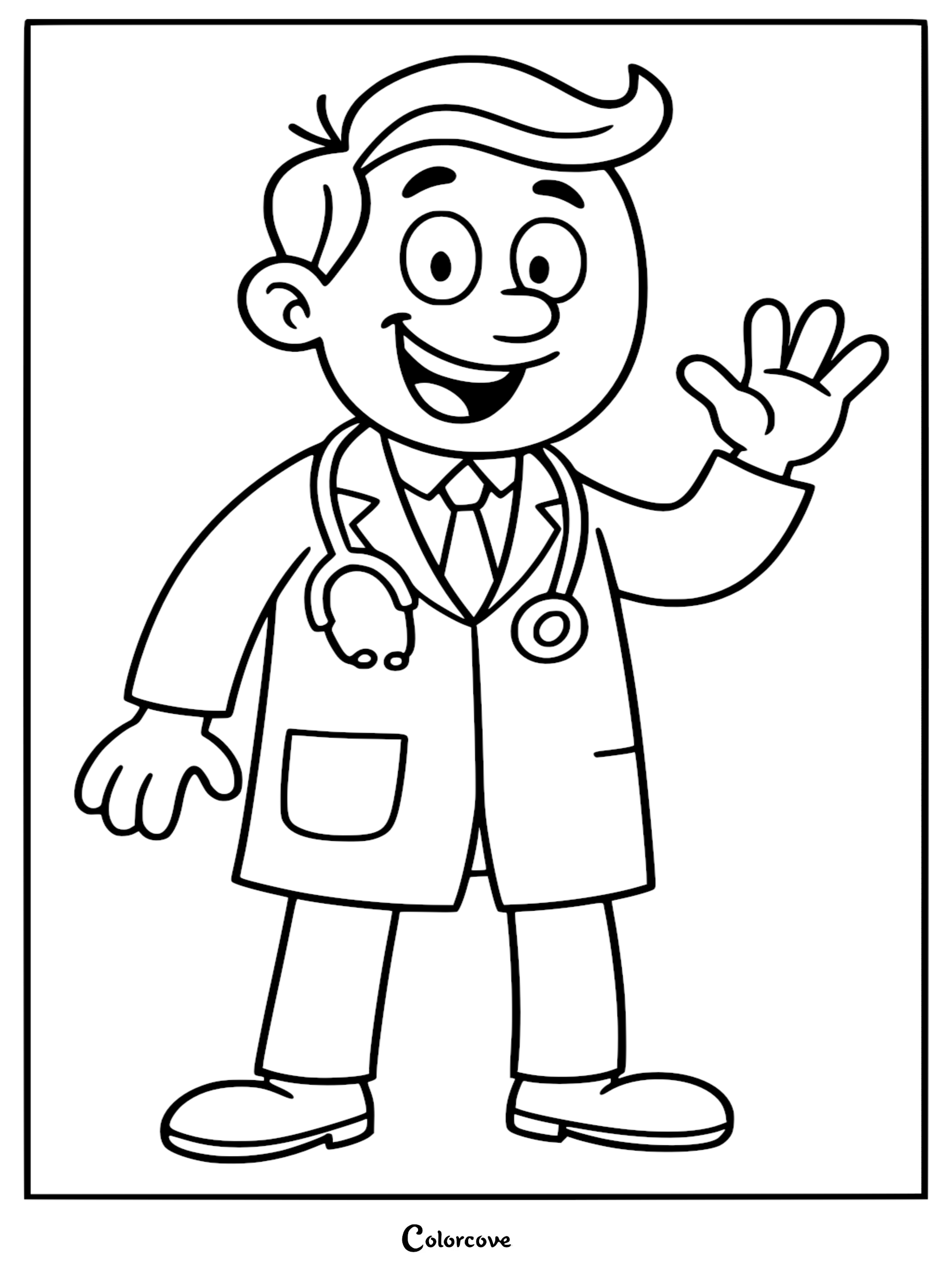 A friendly male doctor wearing a lab coat and stethoscope waving his hand in this cute printable coloring page.
