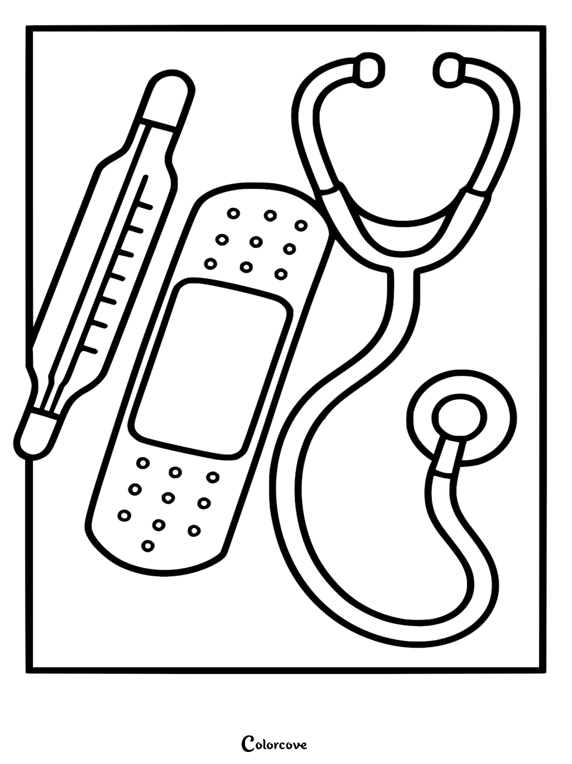 A cute doctor theme coloring page featuring a thermometer, a perforated adhesive bandage, and a medical stethoscope in simple outline art.