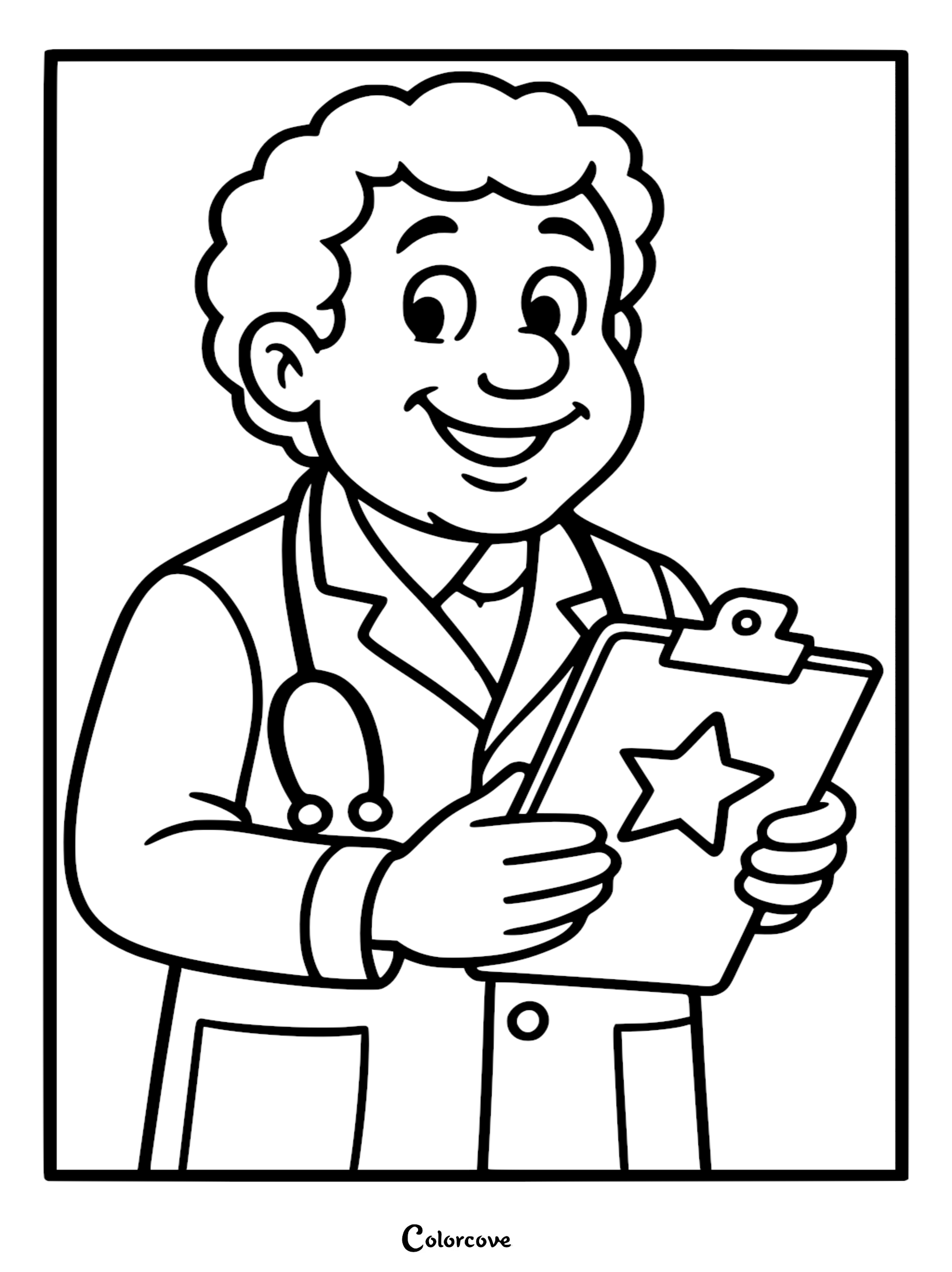 A friendly male doctor with curly hair and a stethoscope holding a clipboard with a star symbol on a clean coloring page line art background.