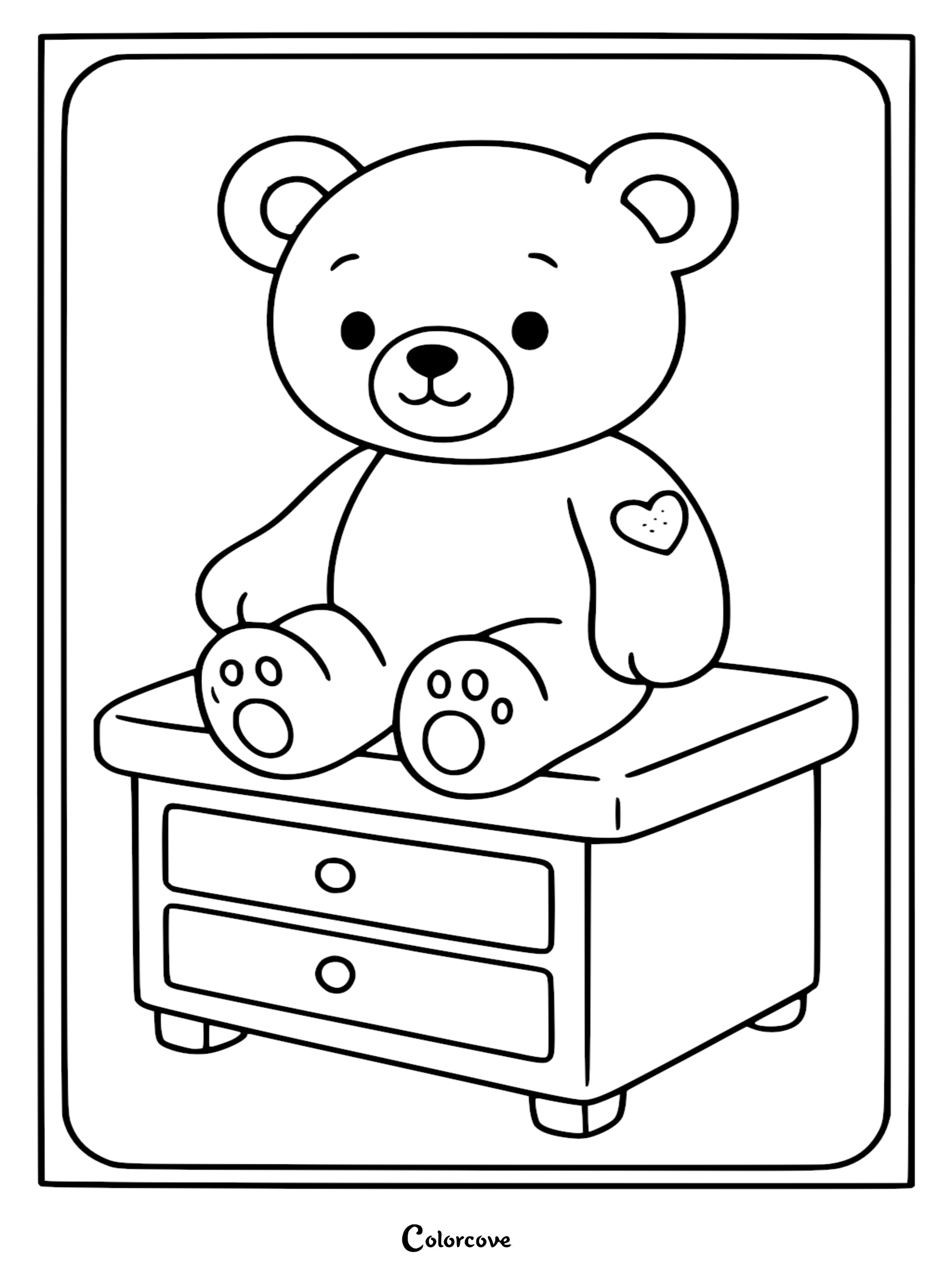 A line art coloring page of a cute teddy bear sitting on a medical examination table with a band-aid heart on its arm.
