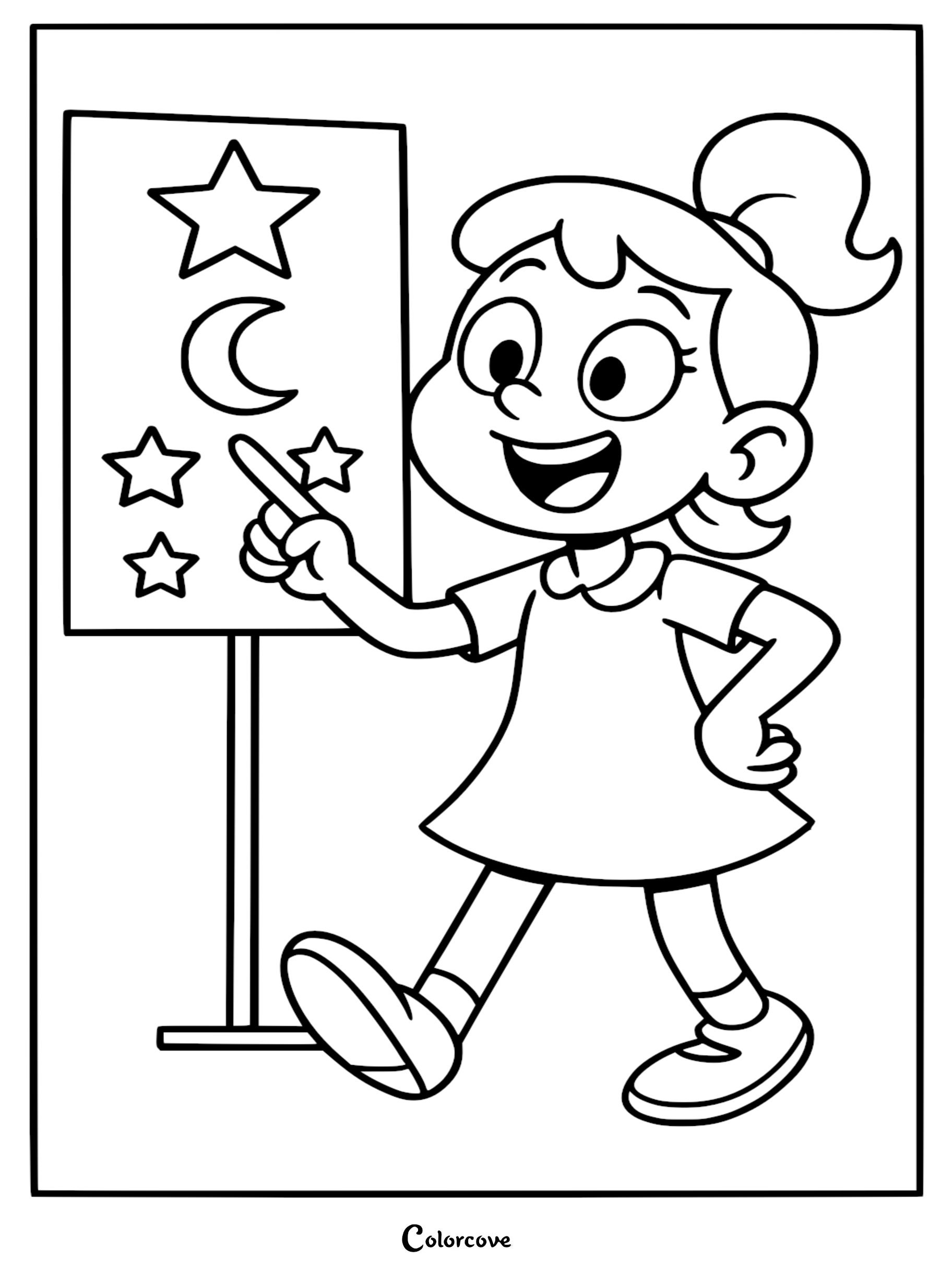 A cute cartoon girl with a ponytail pointing at a classroom wall chart with a crescent moon and stars, line art coloring page.