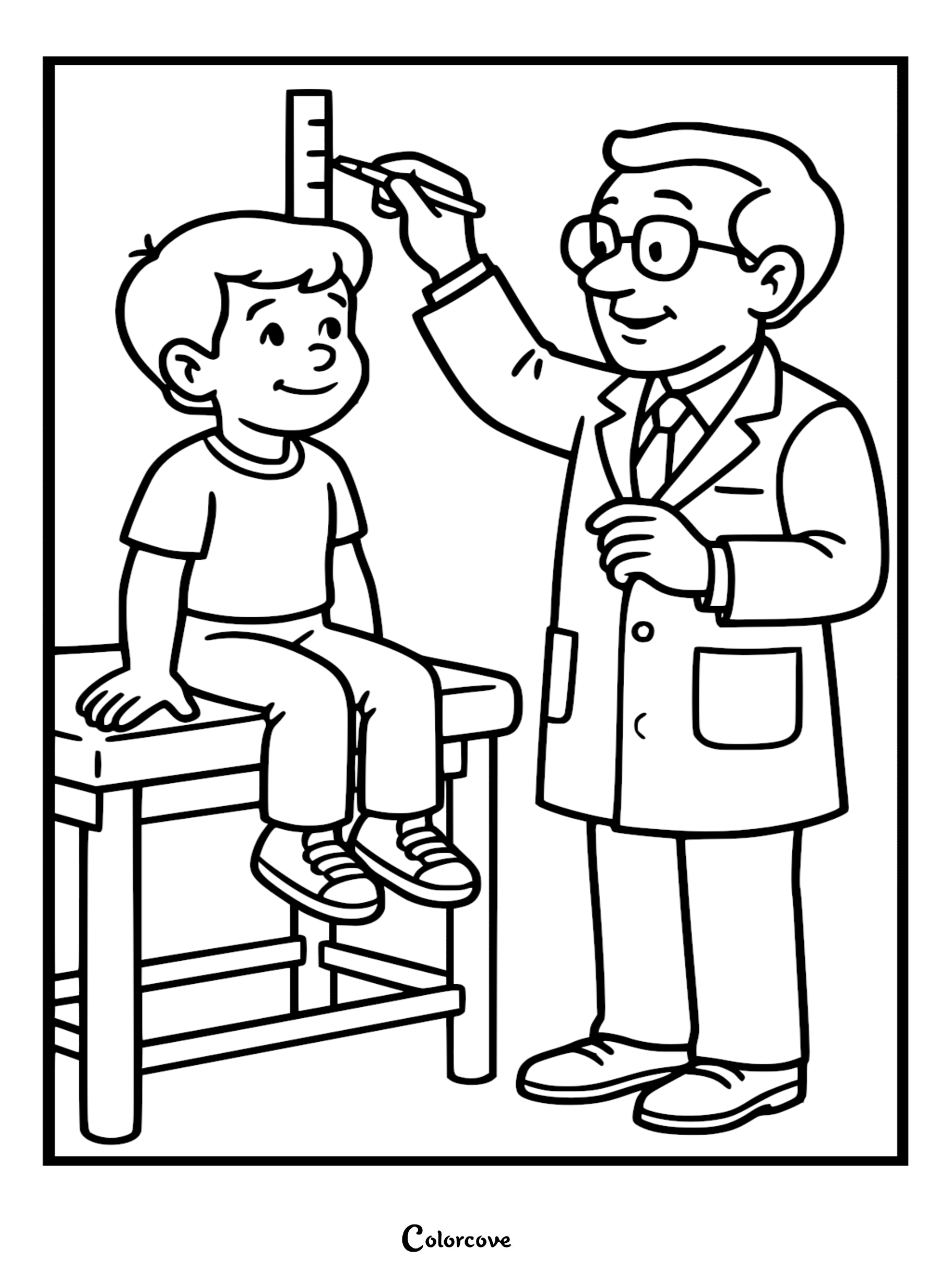 A friendly male doctor in a white coat measuring a young boy's height with a wall ruler, line art coloring page.