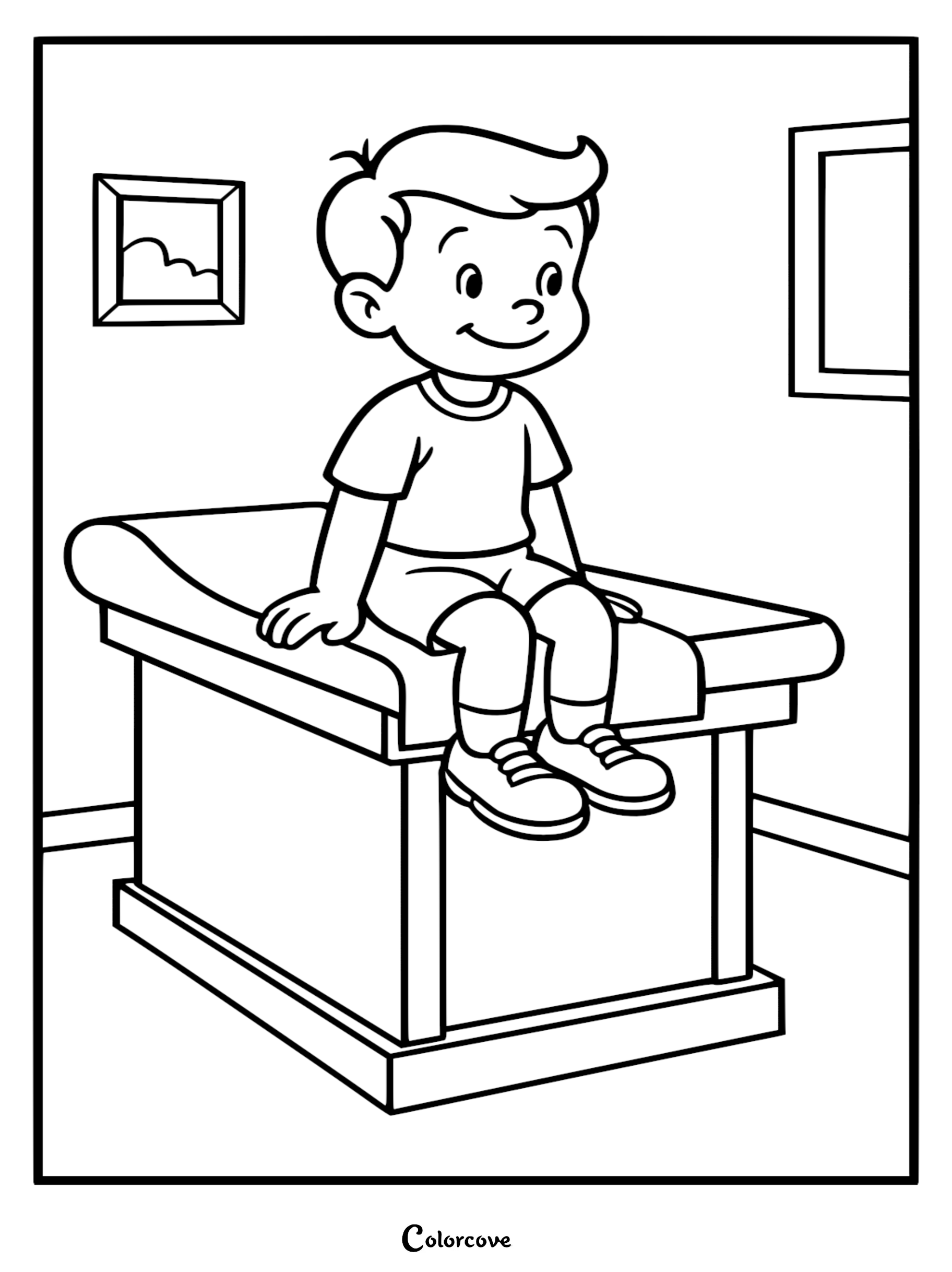 A young boy with short hair smiling while sitting on an examination table in a clinic, line art coloring page.