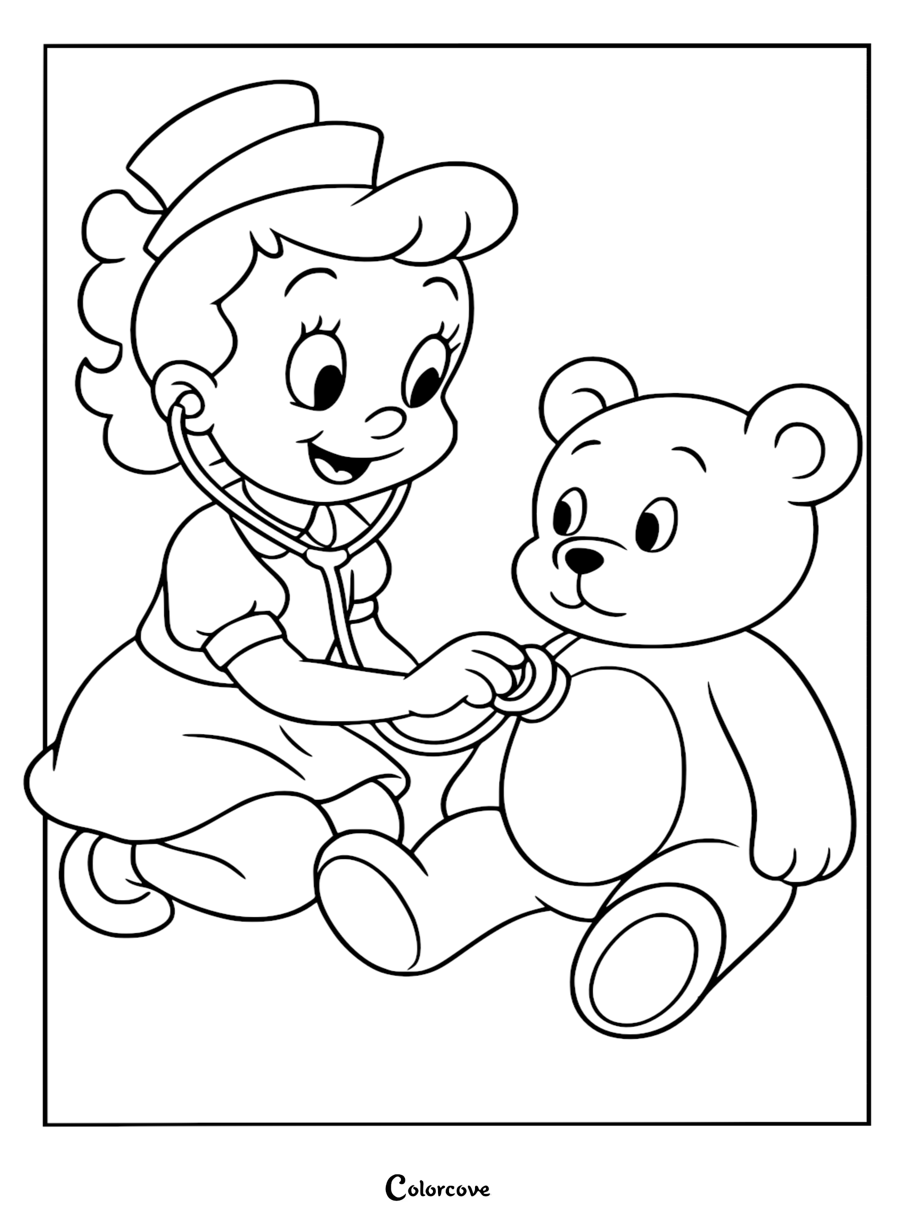 A cute doctor coloring page showing a young girl in a nurse cap using a stethoscope to examine a teddy bear.
