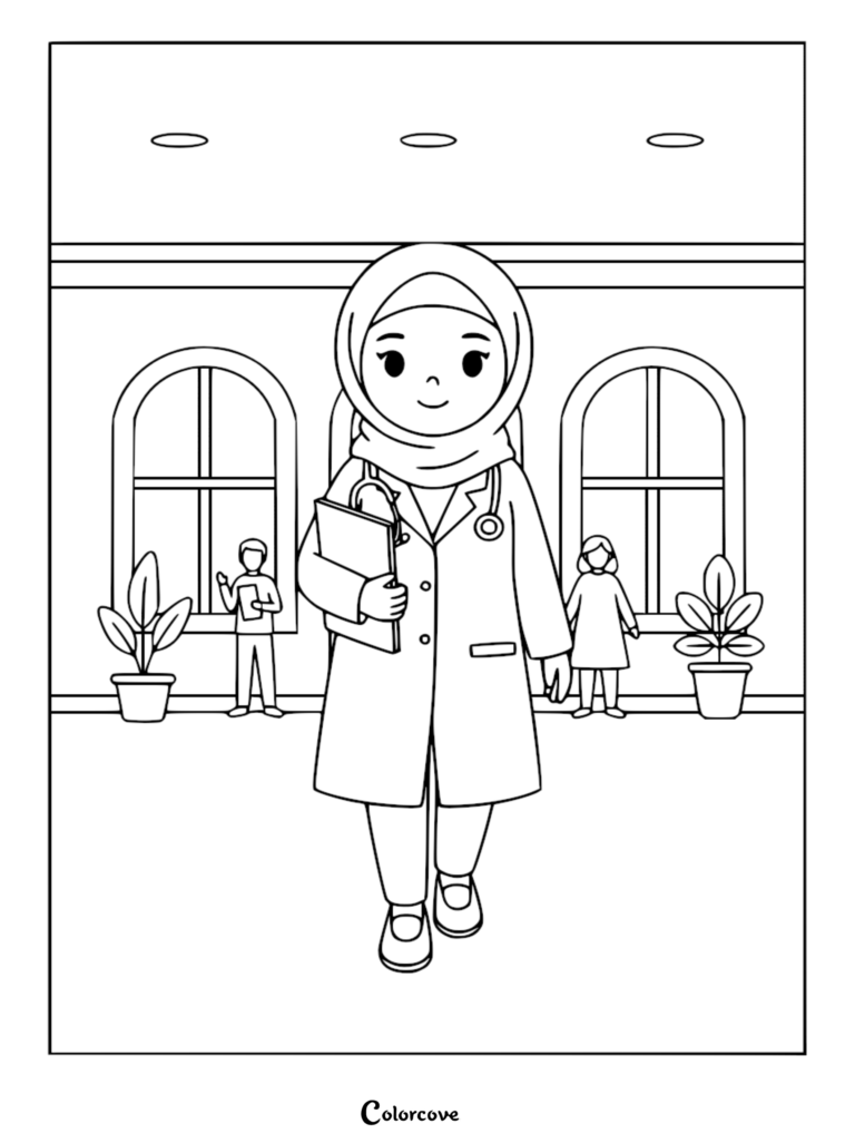 A cute cartoon doctor wearing a hijab and white lab coat holding a clipboard, standing in a hospital hallway with patients in the background, outline coloring page.