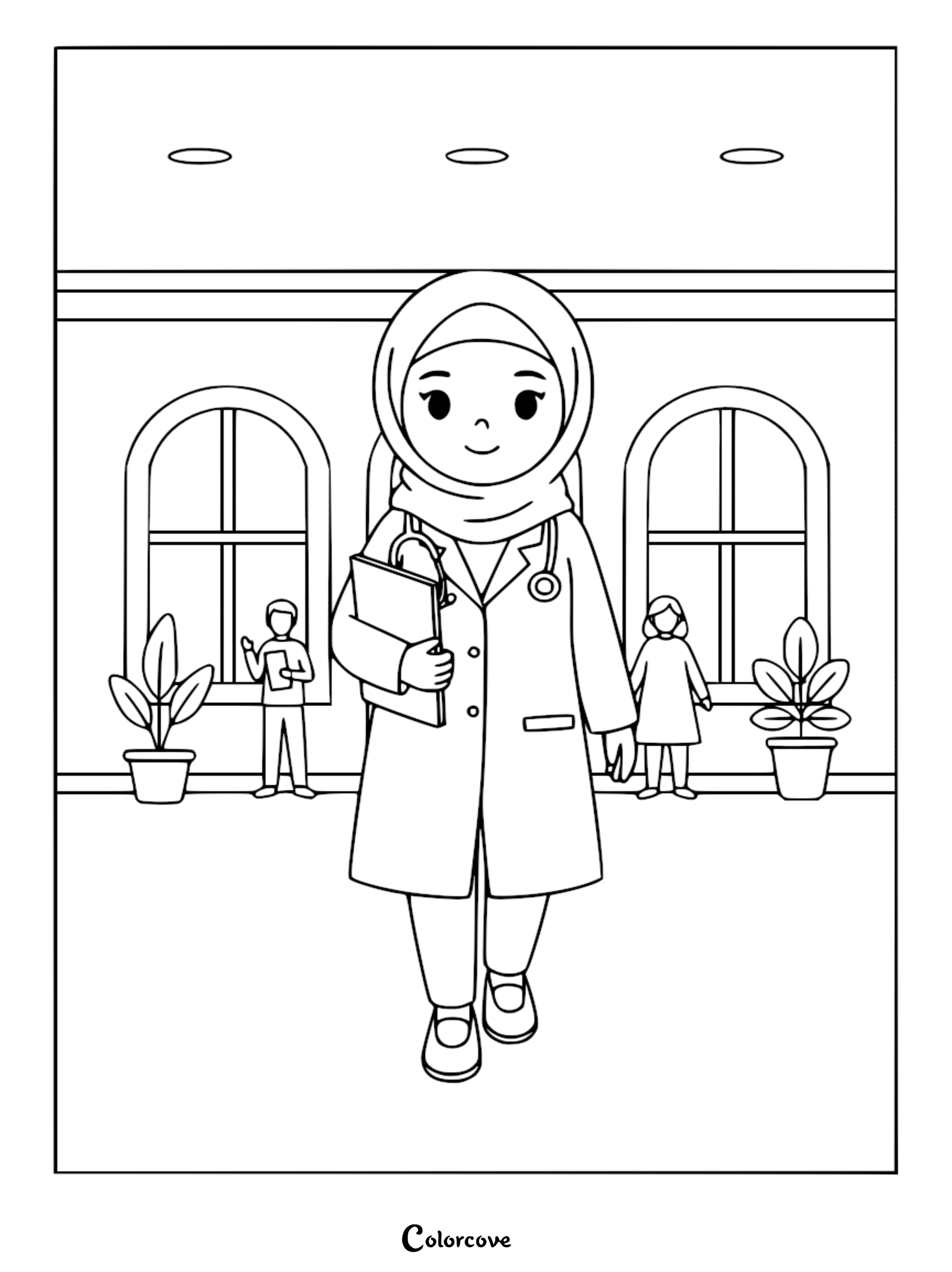 A cute cartoon doctor wearing a hijab and white lab coat holding a clipboard, standing in a hospital hallway with patients in the background, outline coloring page.