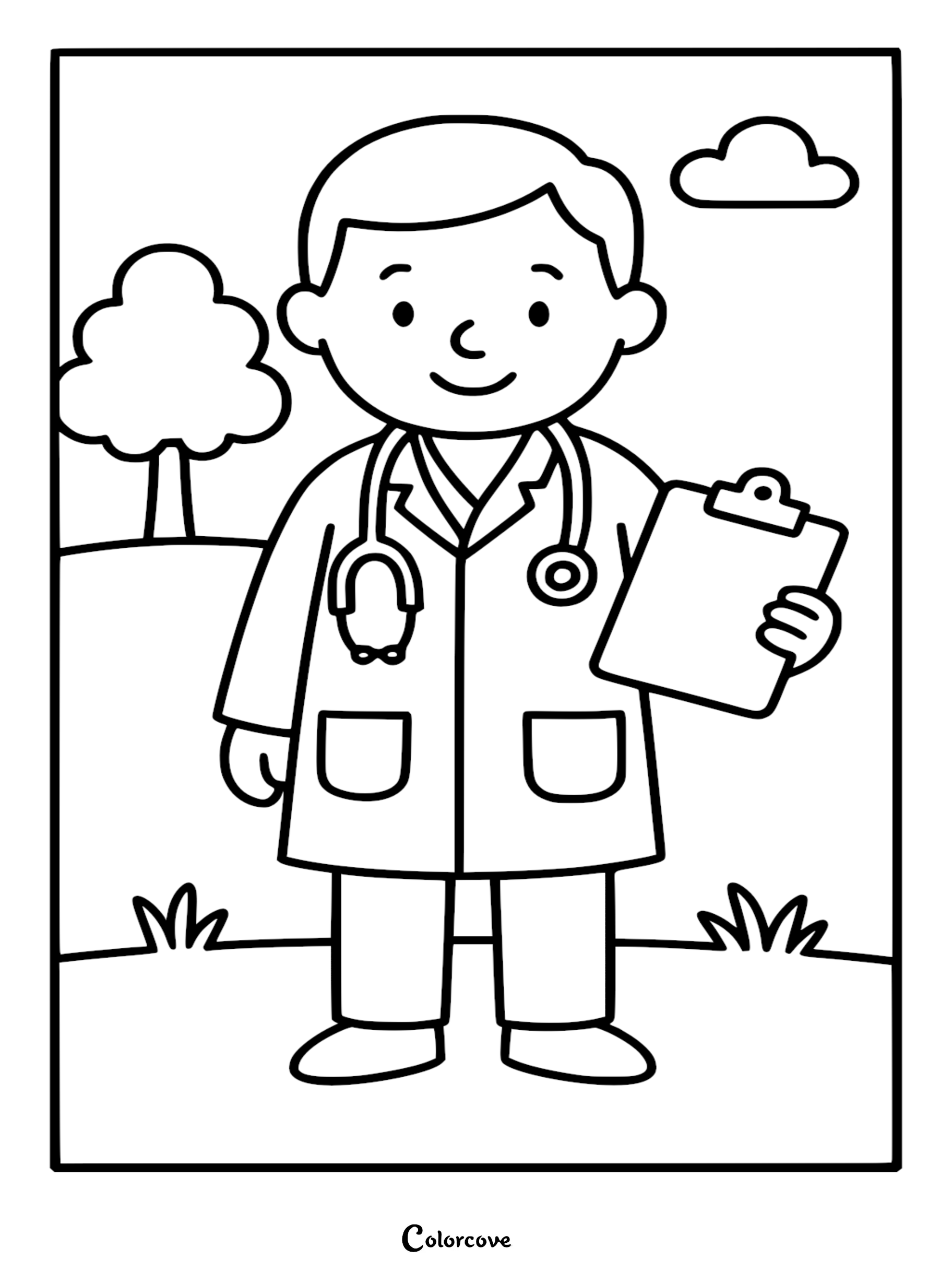 A friendly male doctor wearing a white coat and stethoscope holding a clipboard in this cute doctor coloring page, featuring a tree and cloud in the background.