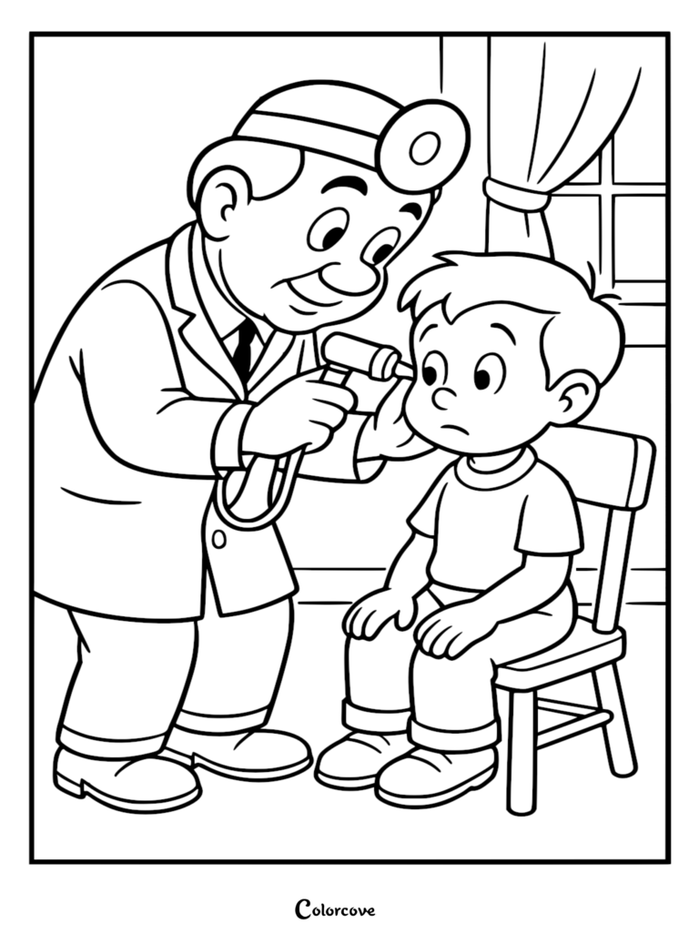 A friendly cute doctor with a head mirror using an otoscope to check a young boy's ear in a simple line art coloring page.