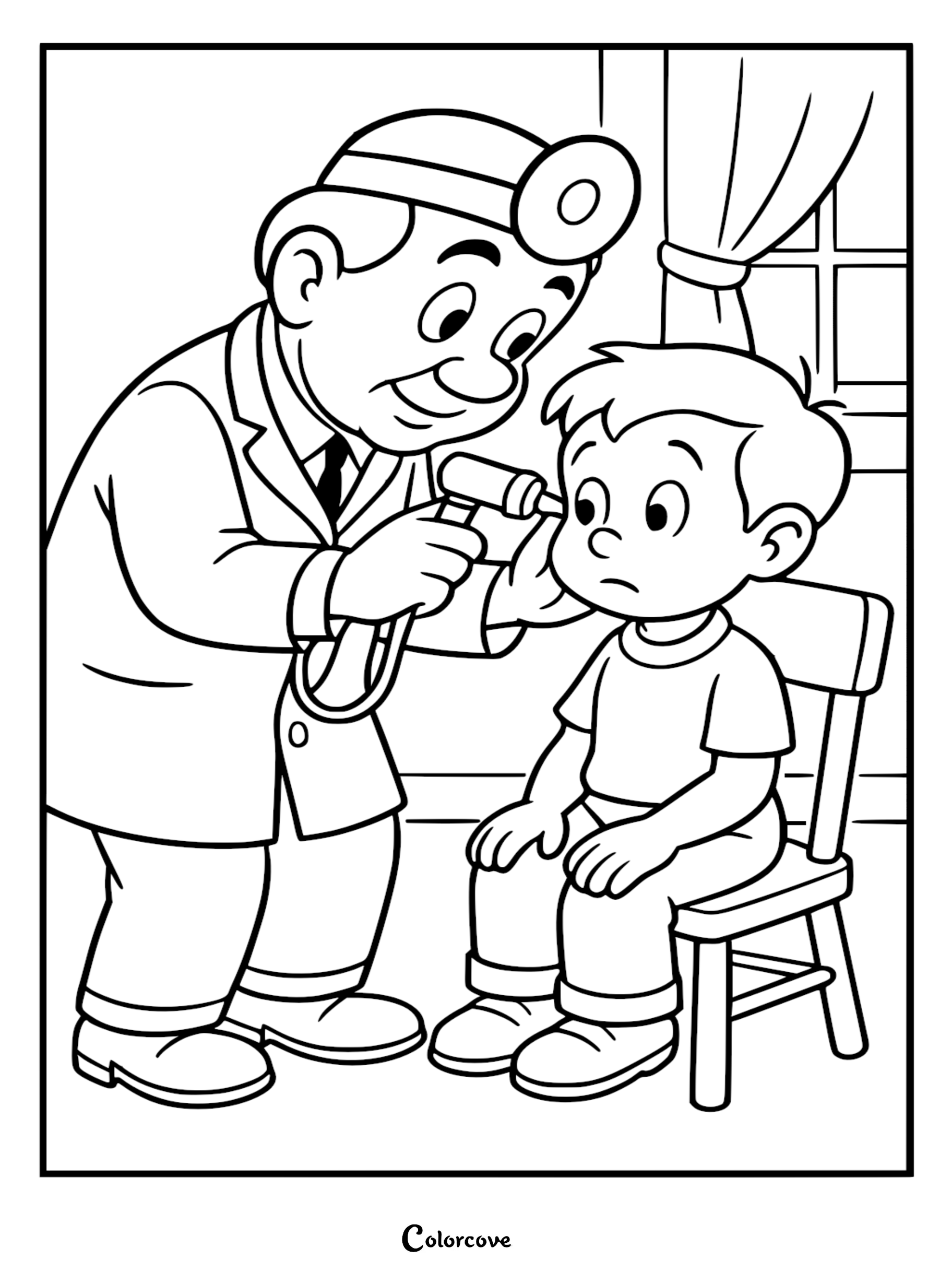 A friendly cute doctor with a head mirror using an otoscope to check a young boy's ear in a simple line art coloring page.