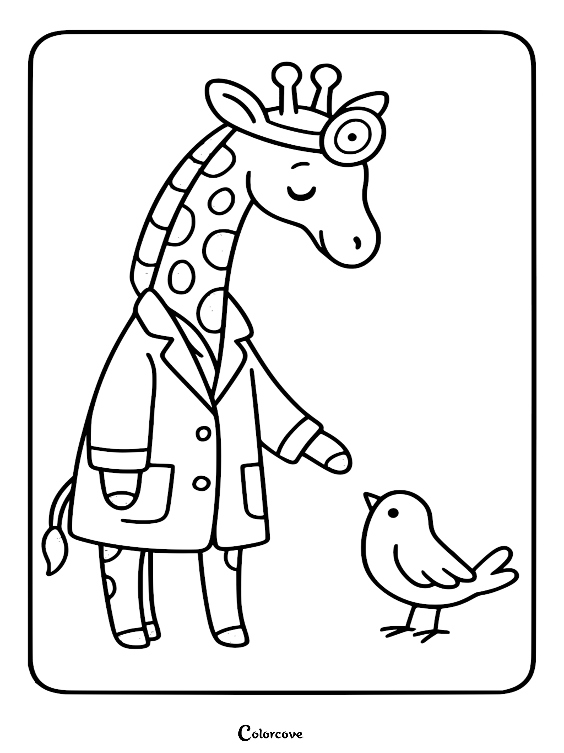 Cute giraffe doctor wearing a lab coat and head mirror examining a small bird in this printable coloring page.