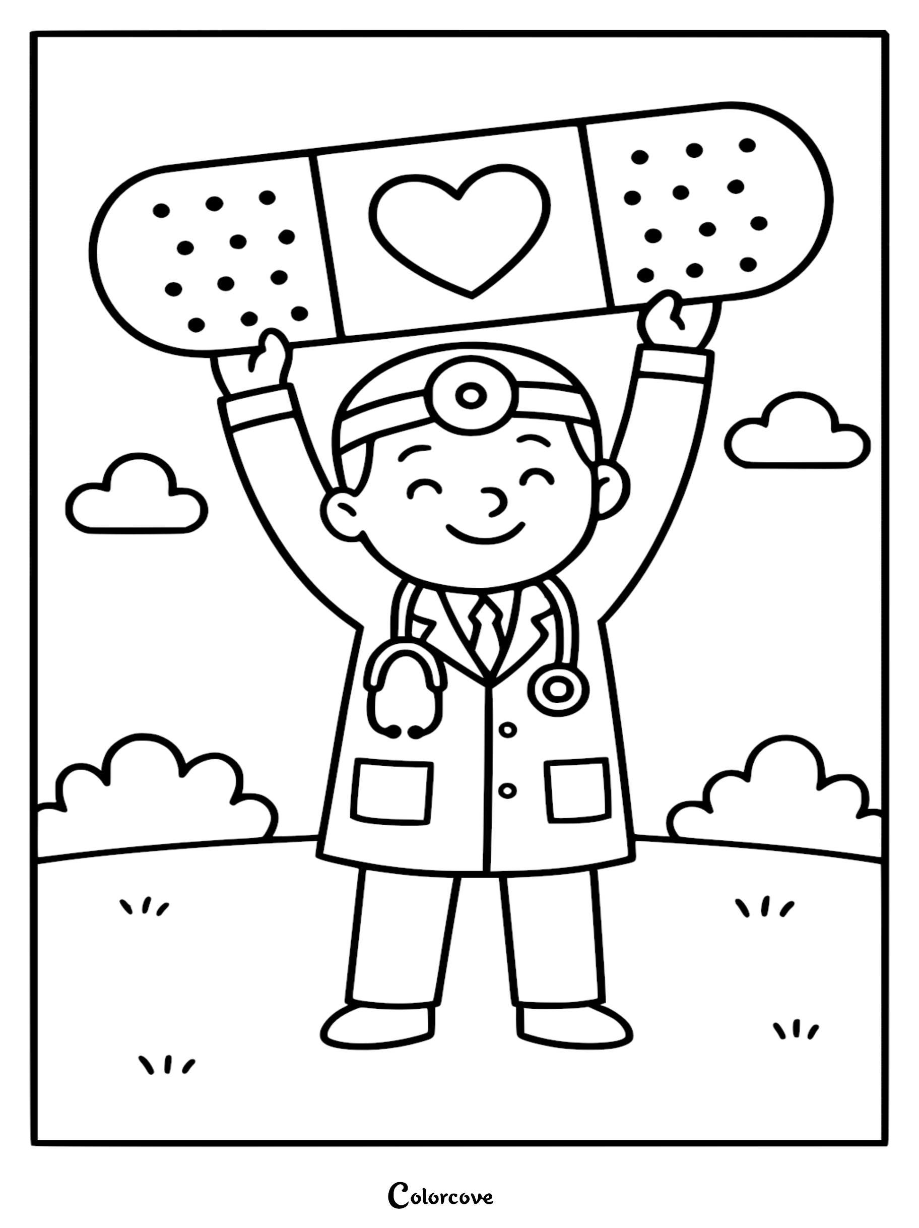 A cute doctor character wearing a head mirror and stethoscope, holding a large bandage with a heart symbol above his head, line art coloring page.