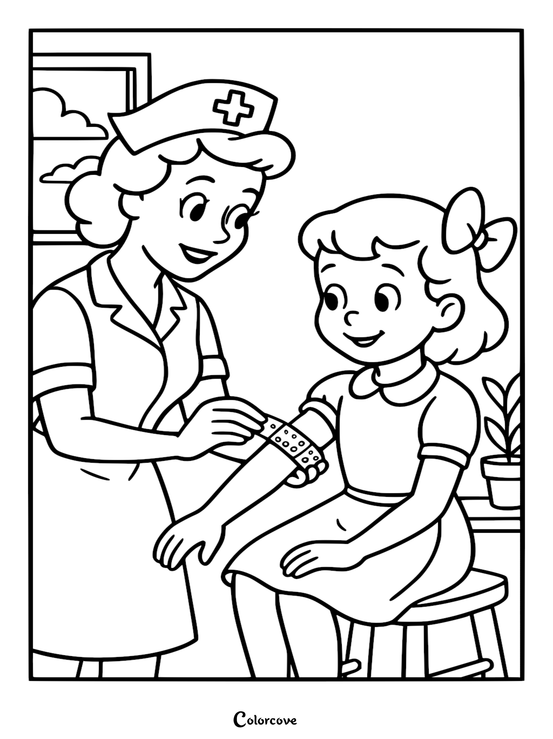 A friendly cute doctor in a medical cap placing a bandage on a young girl's arm, cartoon style coloring page.
