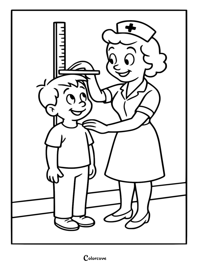 A smiling cute doctor in a uniform measuring a young boy's height with a wall ruler in this line art coloring page.