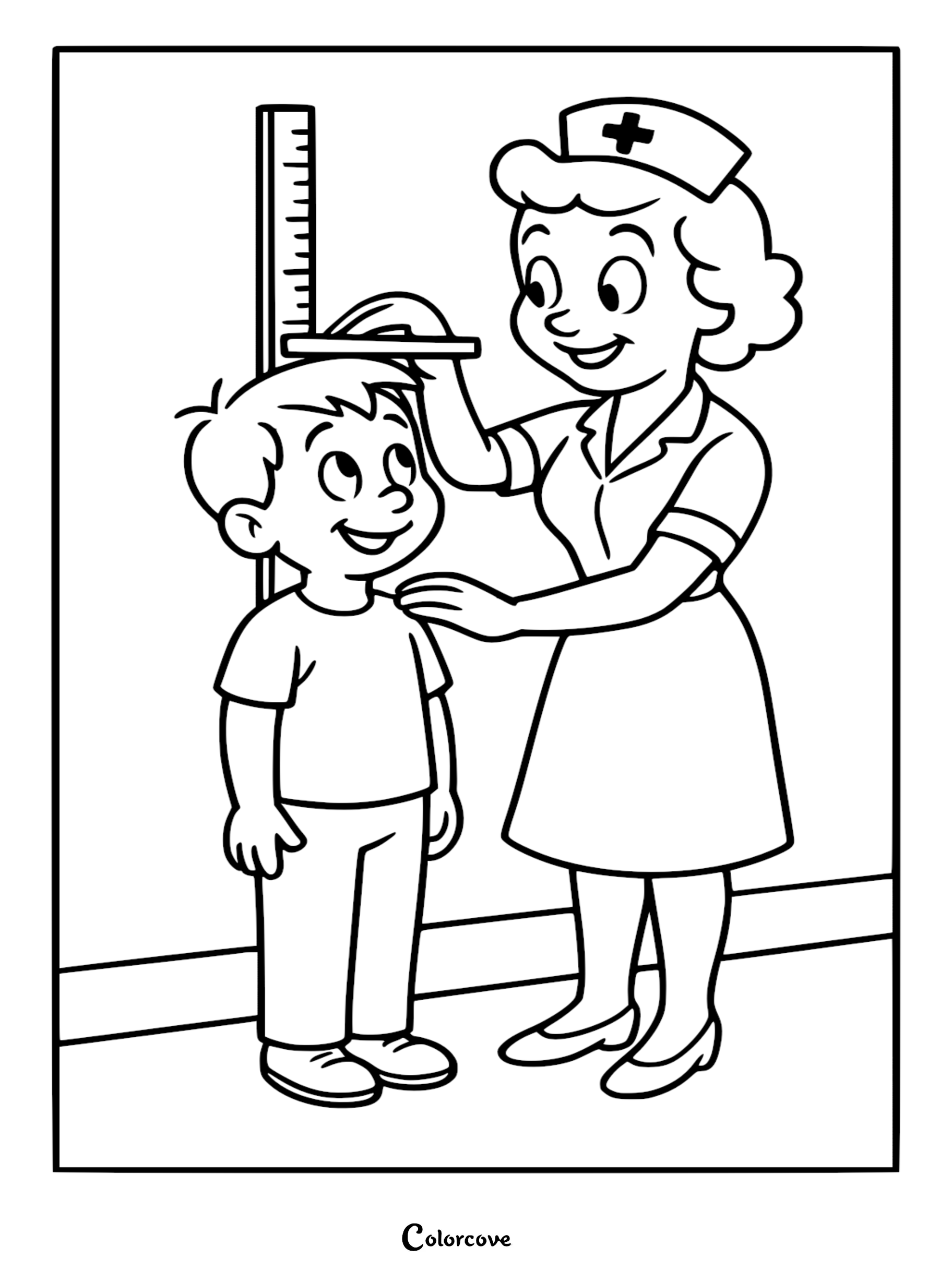A smiling cute doctor in a uniform measuring a young boy's height with a wall ruler in this line art coloring page.