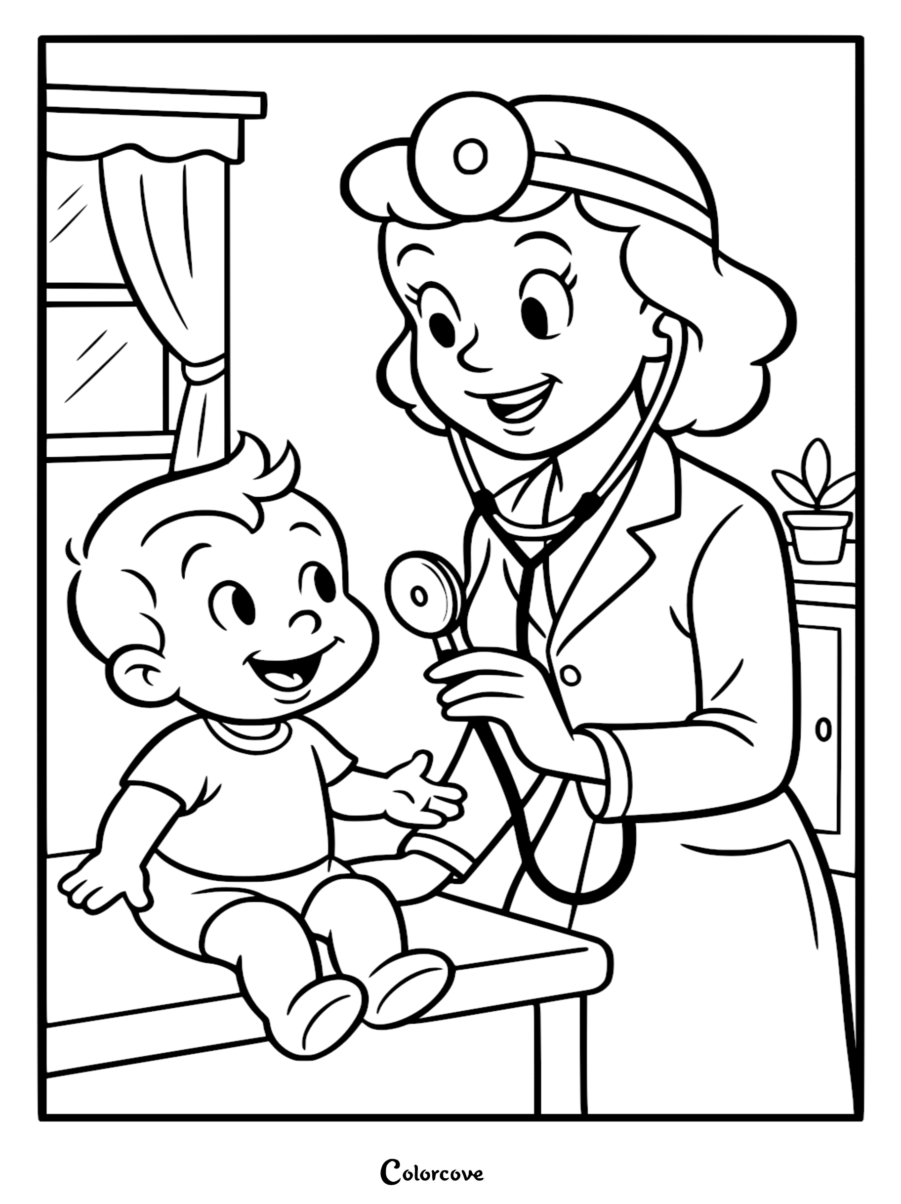 A friendly cute doctor with a head mirror using a stethoscope on a happy baby sitting on an exam table in a coloring page format.
