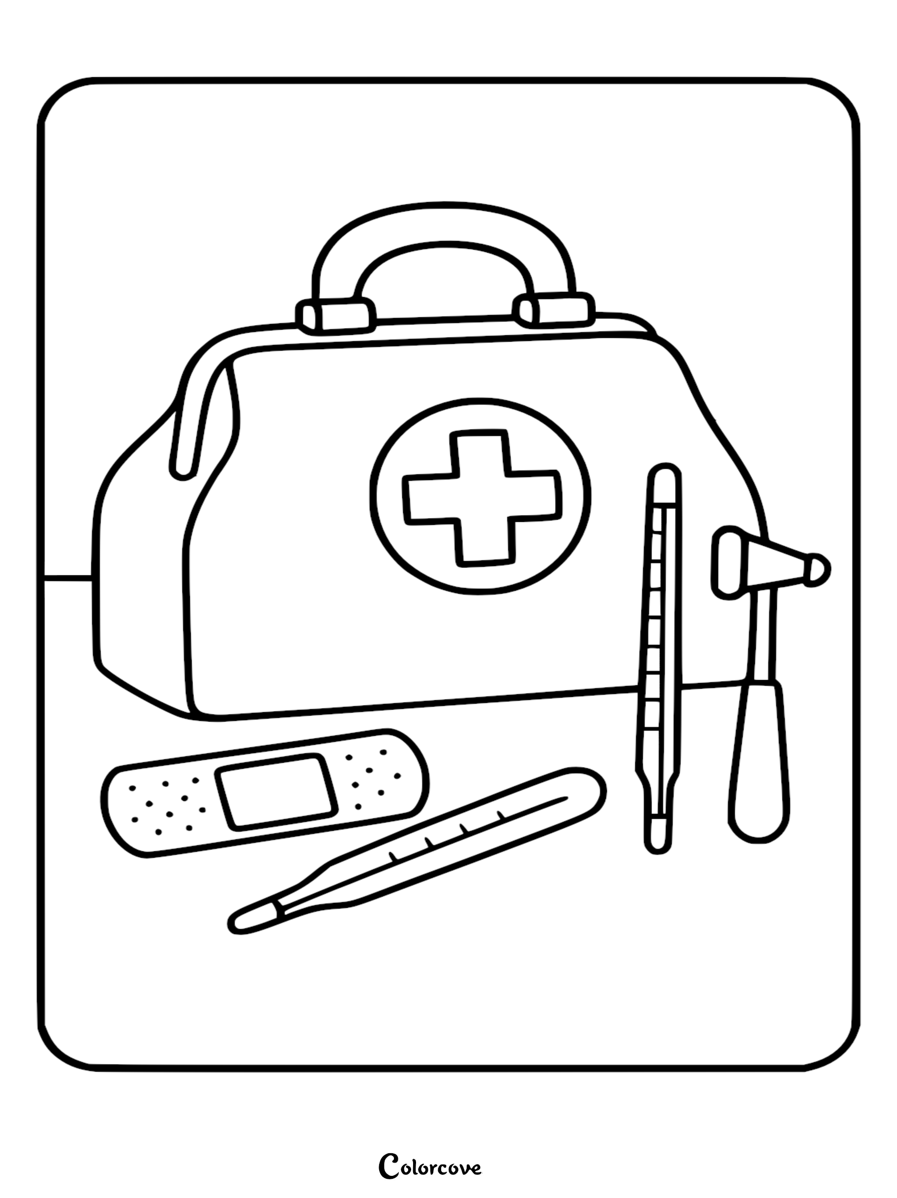 A cute doctor medical bag with a cross symbol, thermometer, reflex hammer, and bandage coloring page for kids.