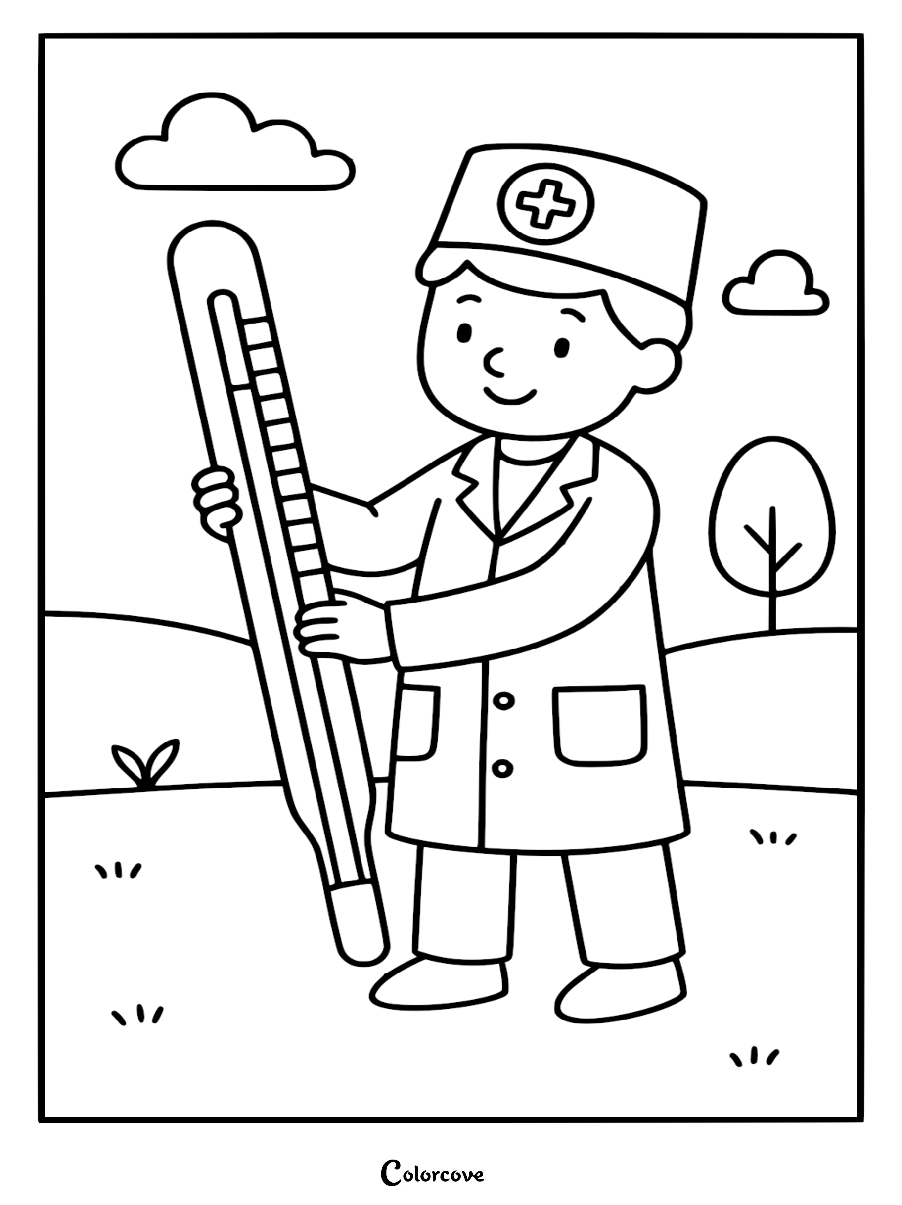 A friendly cute doctor wearing a lab coat and medical cap holding a giant thermometer in a park setting, coloring page.