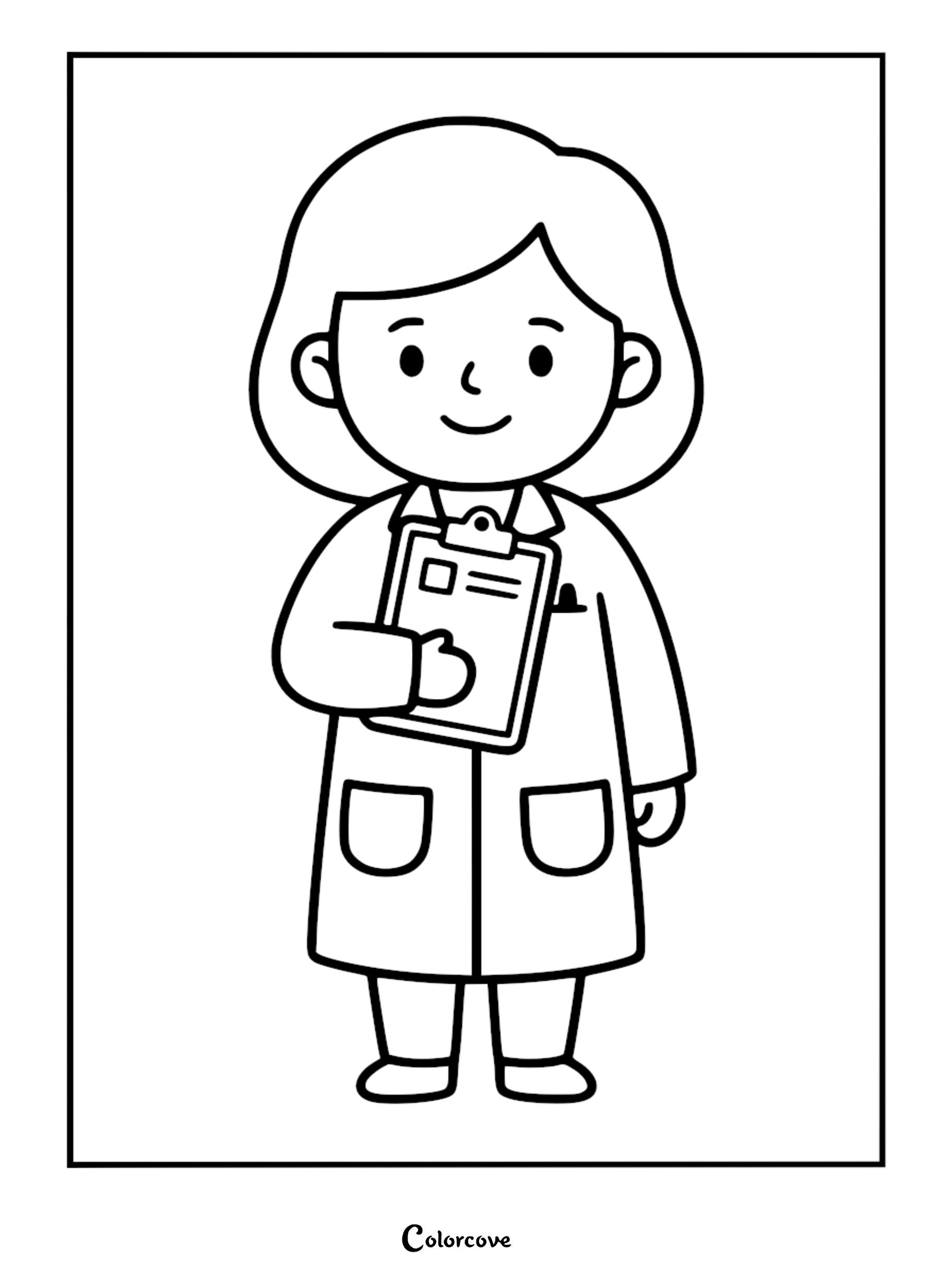 Simple line art drawing of a cute doctor wearing a lab coat and holding a clipboard, suitable as a printable coloring page.