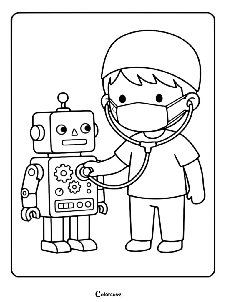 A cute doctor wearing a surgical mask and cap using a stethoscope to examine a small toy robot in this printable coloring page.