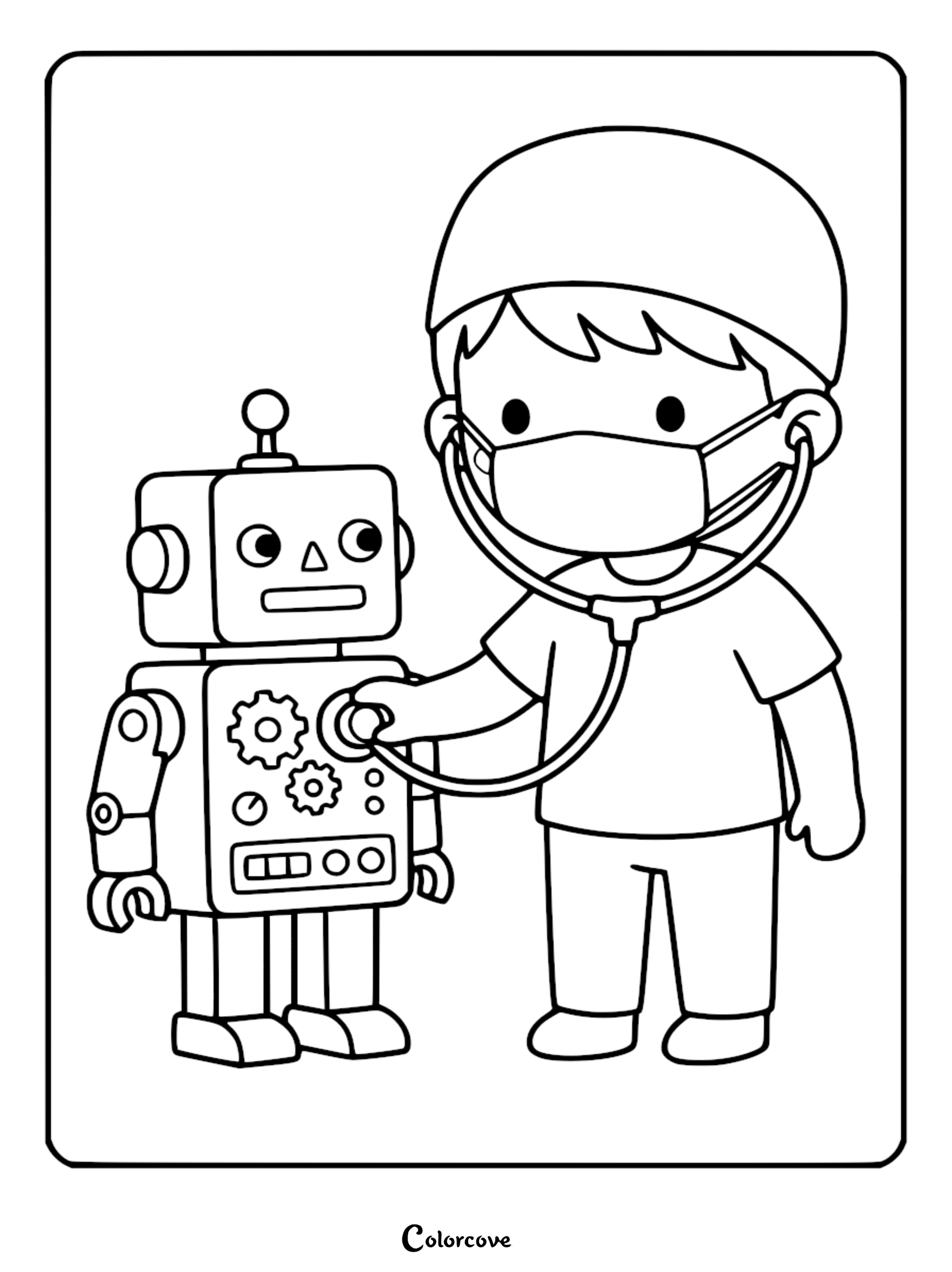 A cute doctor wearing a surgical mask and cap using a stethoscope to examine a small toy robot in this printable coloring page.
