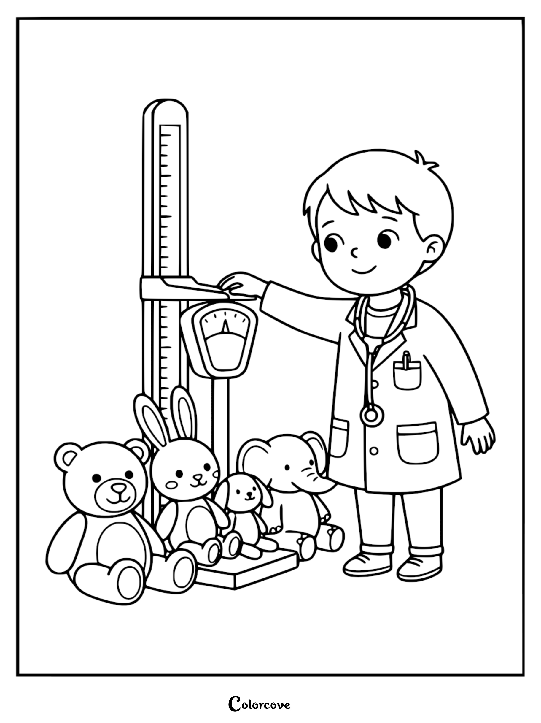A cute doctor in a lab coat using a stadiometer to measure a collection of stuffed animals in this printable coloring page.