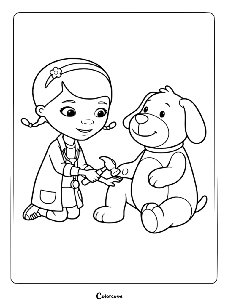 Doc McStuffins wearing a stethoscope and lab coat, holding a reflex hammer while checking her cute plush dog in this printable coloring page.