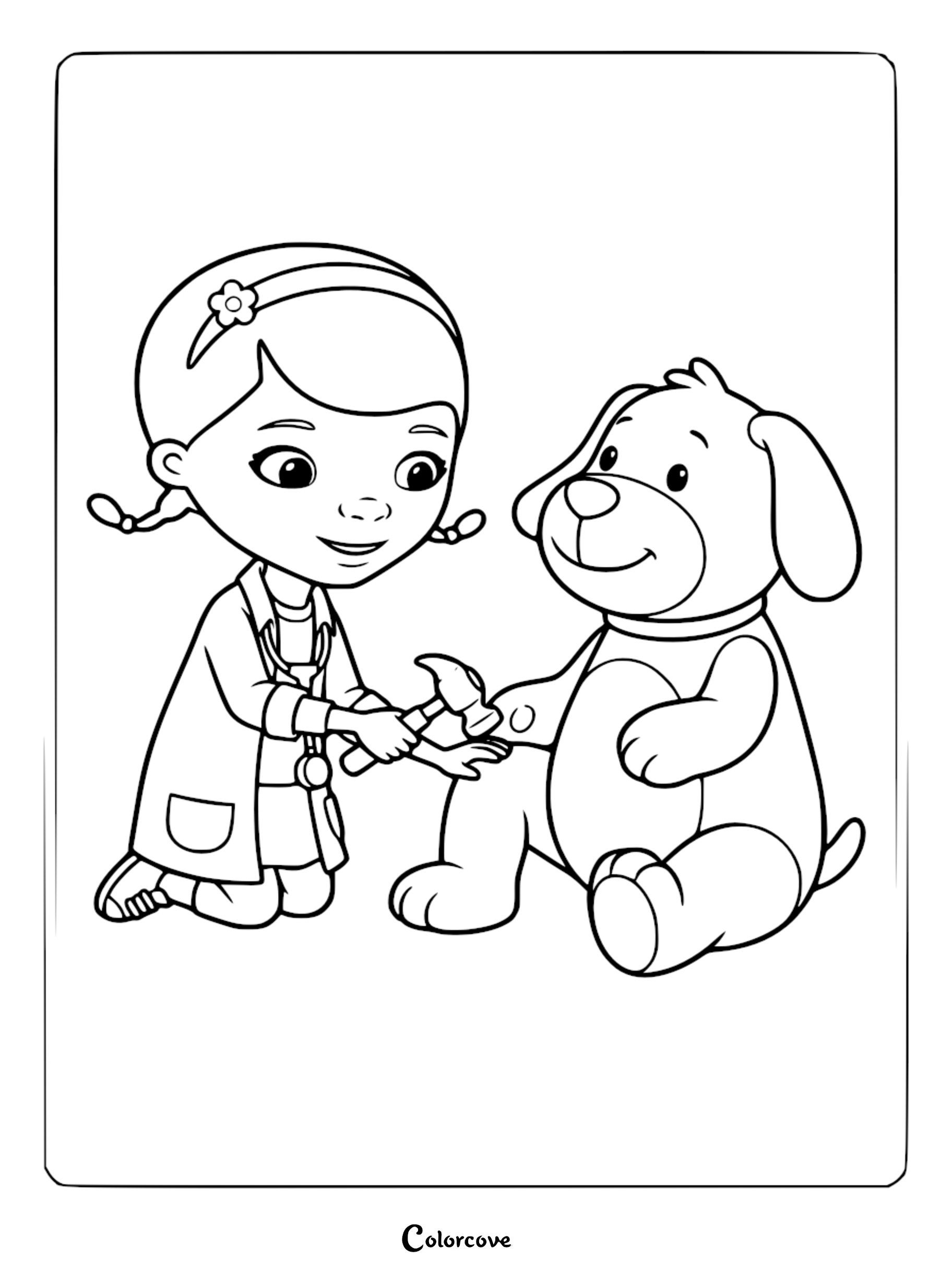Doc McStuffins wearing a stethoscope and lab coat, holding a reflex hammer while checking her cute plush dog in this printable coloring page.