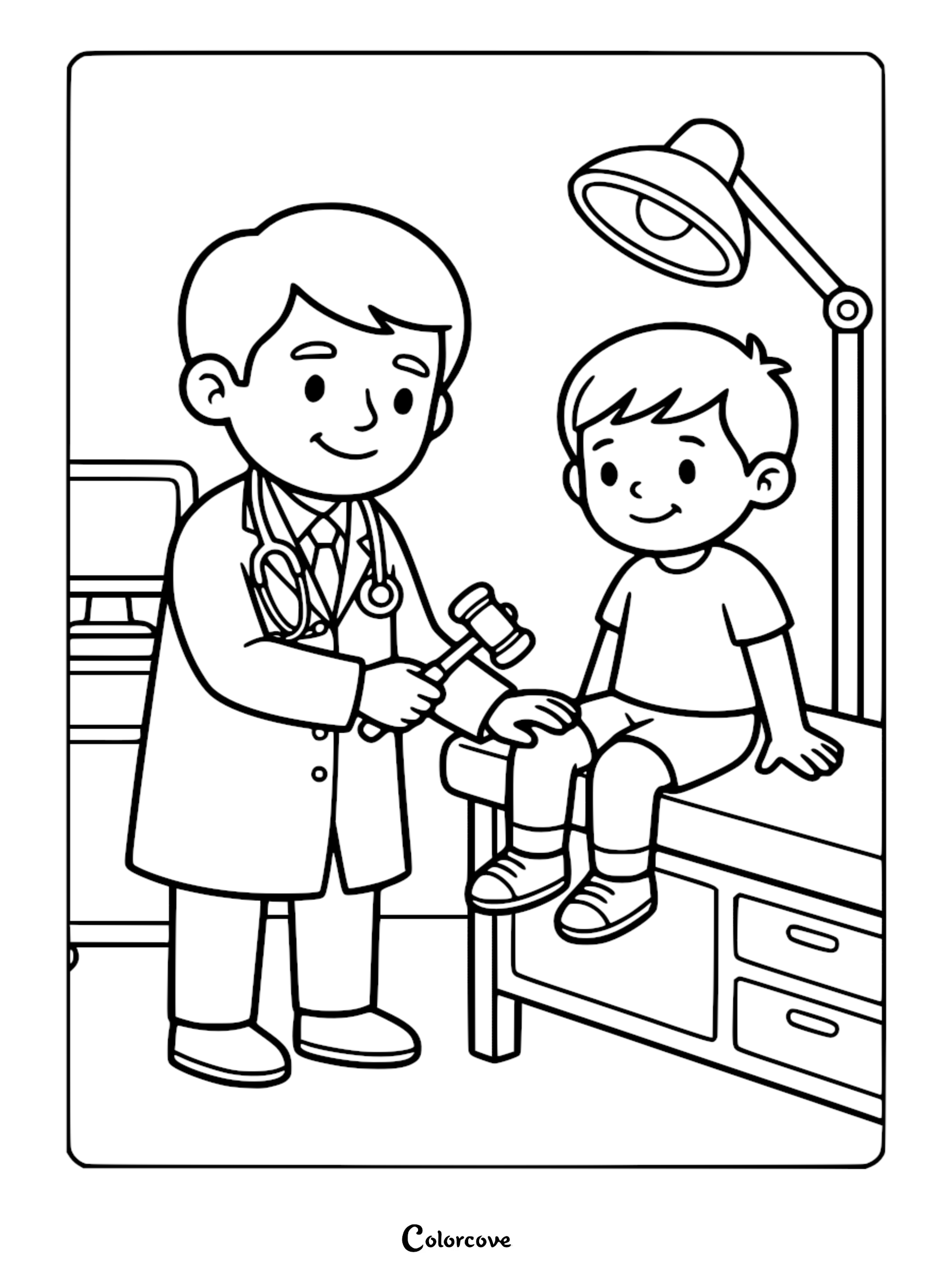 A cute doctor holding a reflex hammer while checking a young boy's knee on an exam table in a coloring page format.