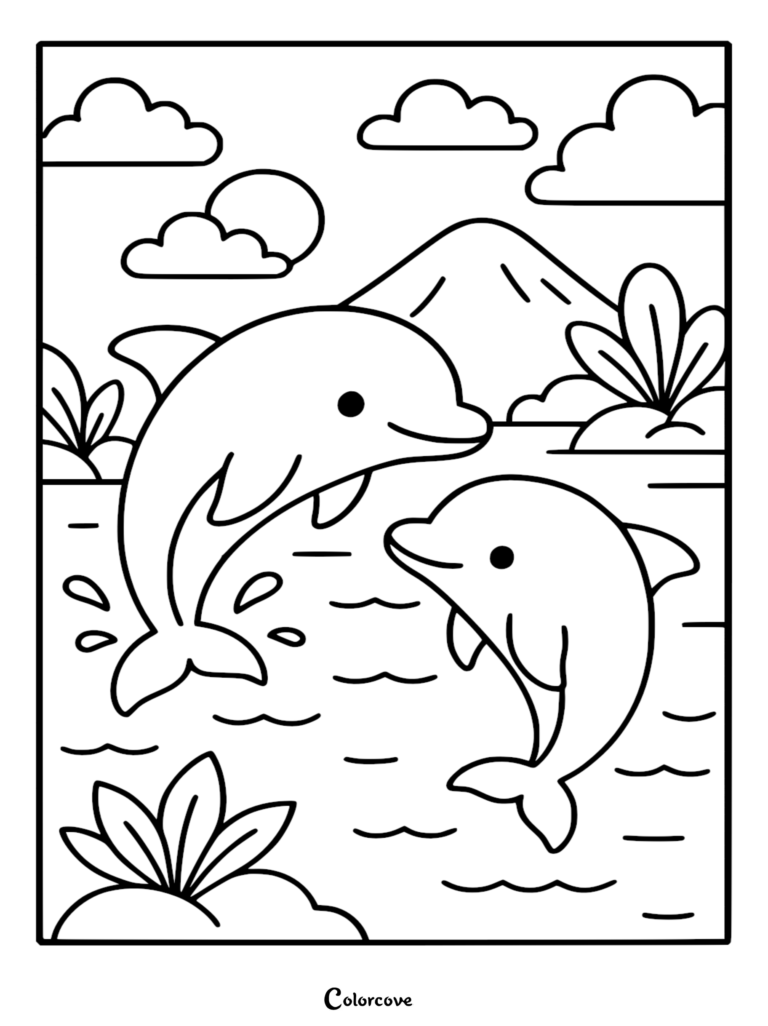 Dos adorables delfines saltando en el océano cerca de una montaña en una página para colorear imprimible gratuita.