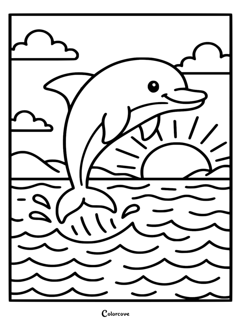 Un adorable delfín saltando fuera de las olas del océano al atardecer en esta página para colorear imprimible gratuita.